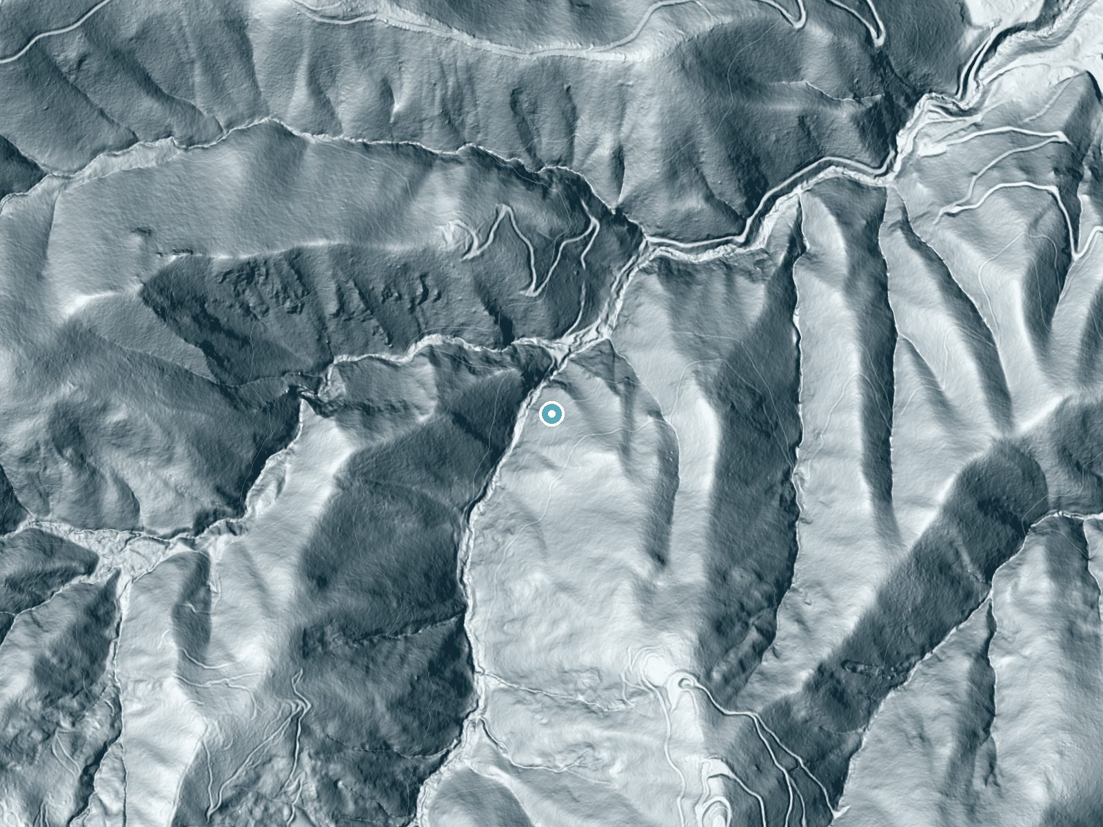 LiDAR bare-earth terrain around Upper Falls near Corralitos, California, showing about 320 feet of drop, a steep tiered drop, facing northwest