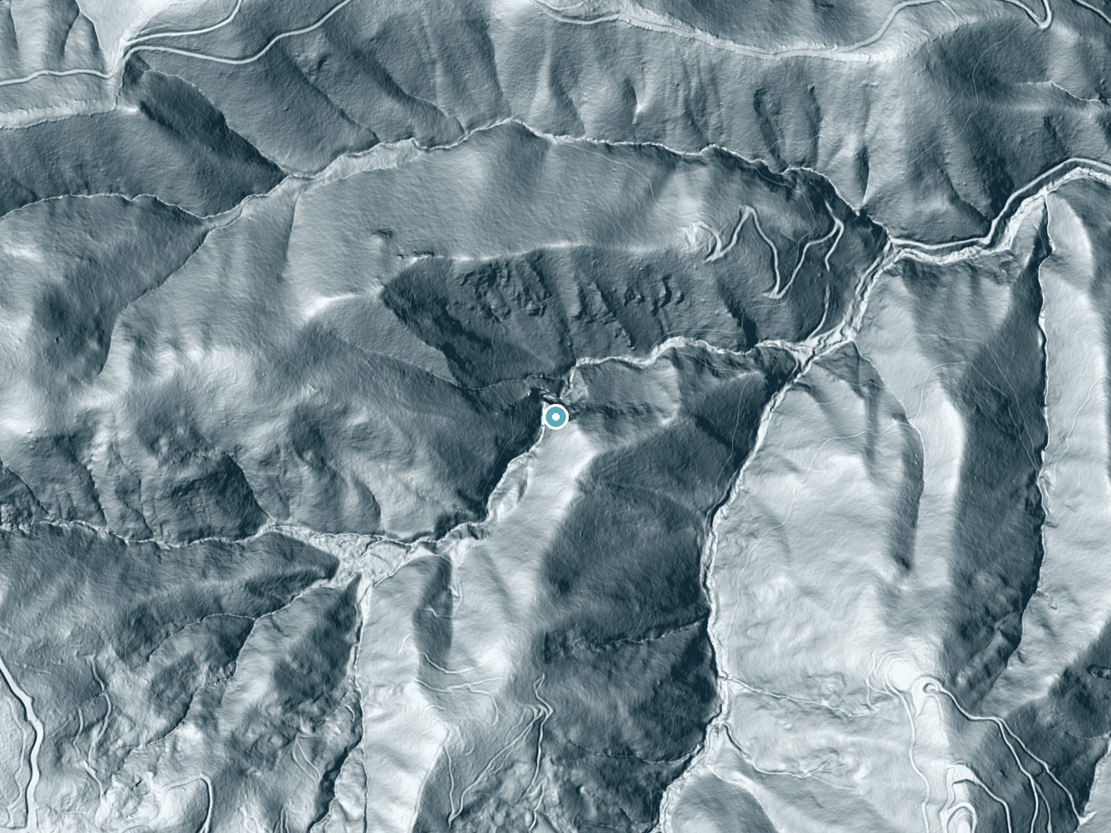 LiDAR bare-earth terrain around Basin Falls near Day Valley, California, showing about 320 feet of drop, a single sheer drop, facing north