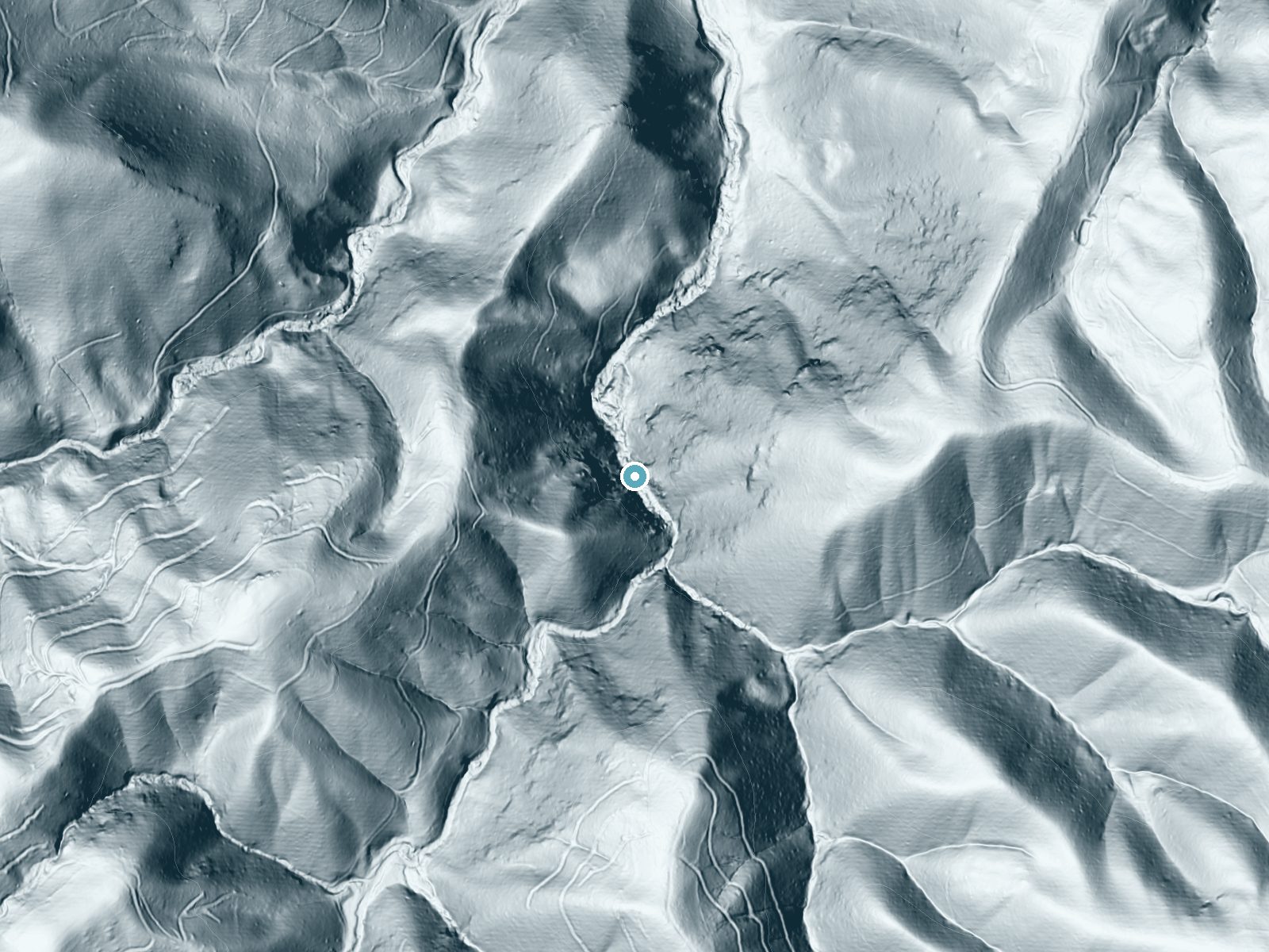 LiDAR bare-earth terrain around Styles Falls near Shawsville, Virginia, showing about 291 feet of drop, a steep tiered drop, facing north
