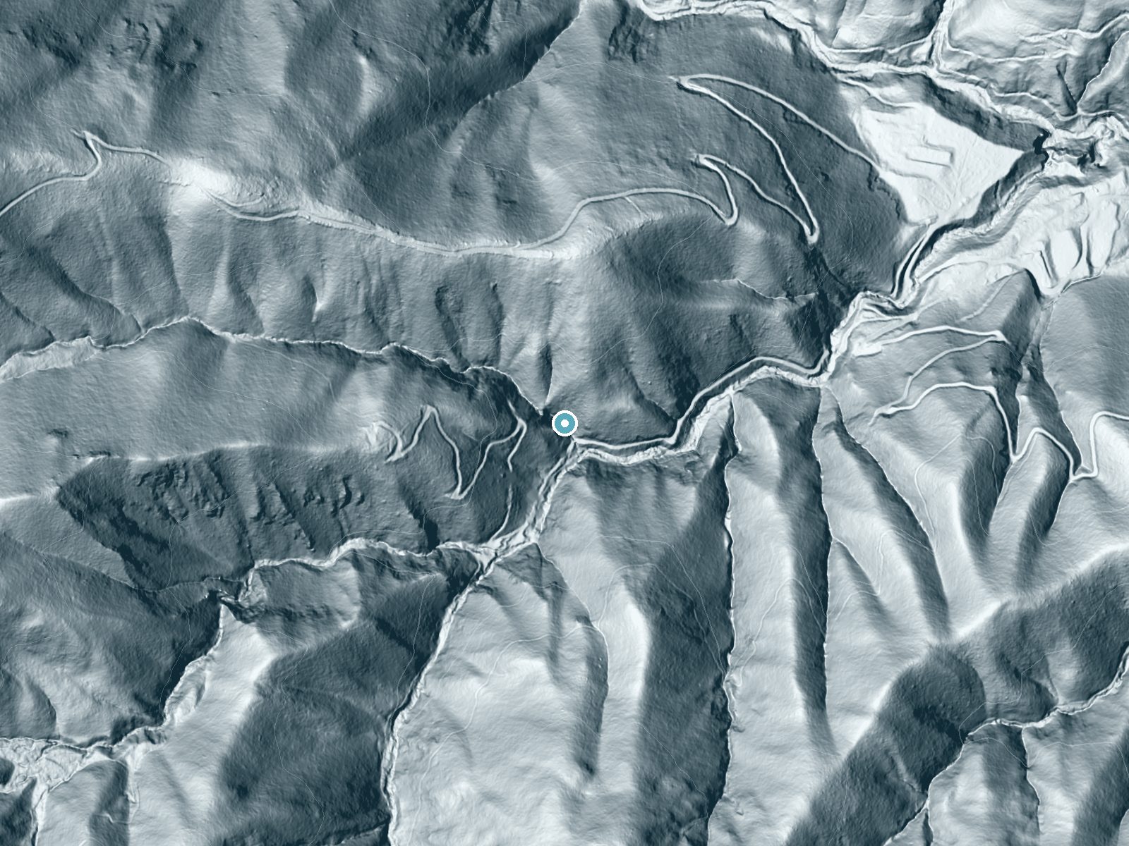 LiDAR bare-earth terrain around Black Rock Falls near Corralitos, California, showing about 257 feet of drop, a steep tiered drop, facing southeast