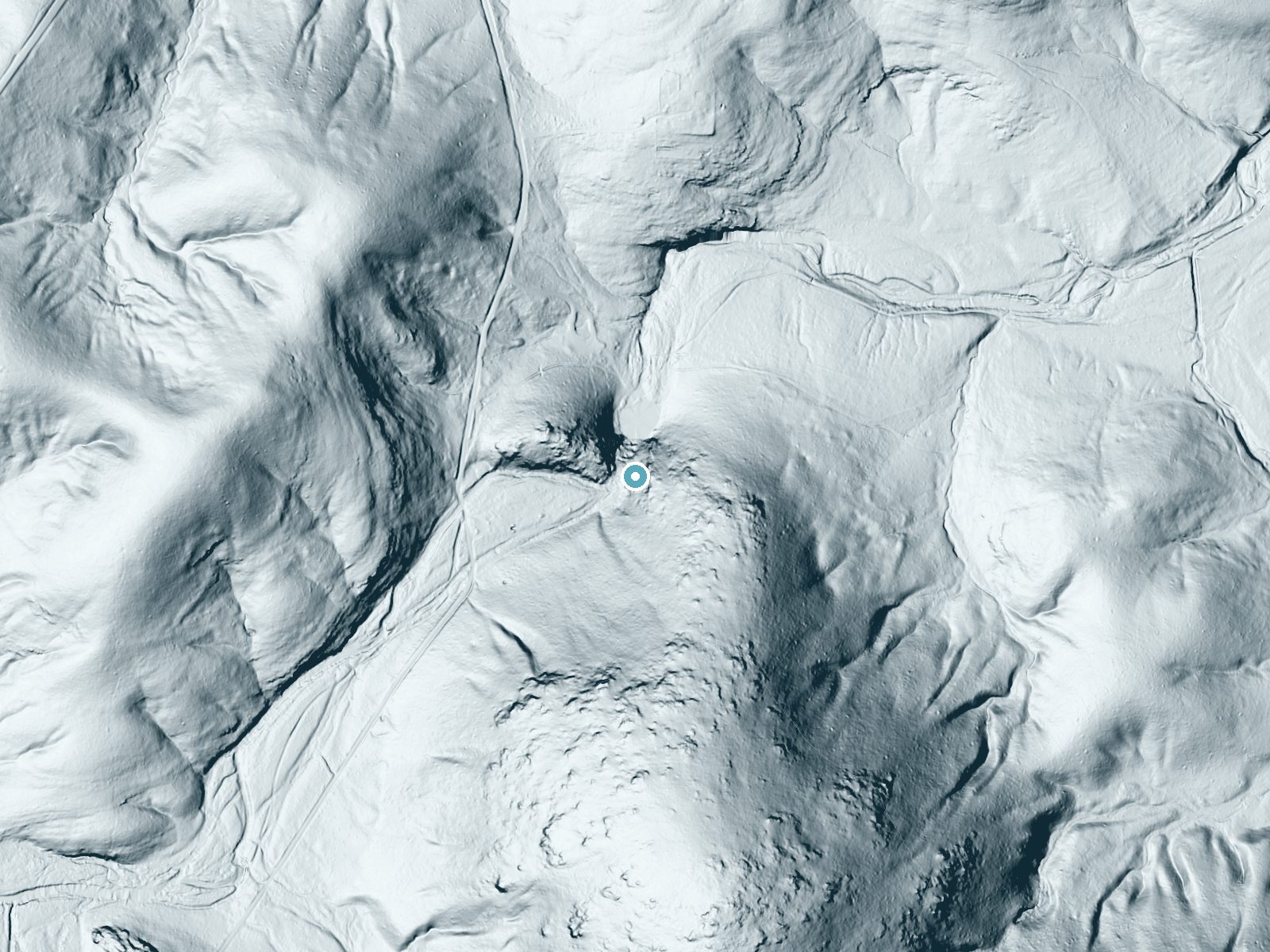 LiDAR bare-earth terrain around Rocky Falls near Eminence, Missouri, showing about 135 feet of drop, a long cascade, facing northwest