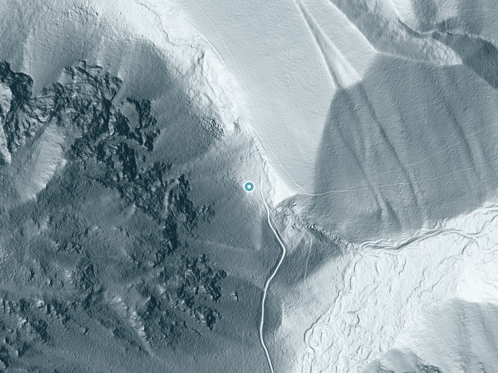 LiDAR bare-earth terrain around First Falls near Big Pine, California, showing about 144 feet of drop, a steep tiered drop, facing east