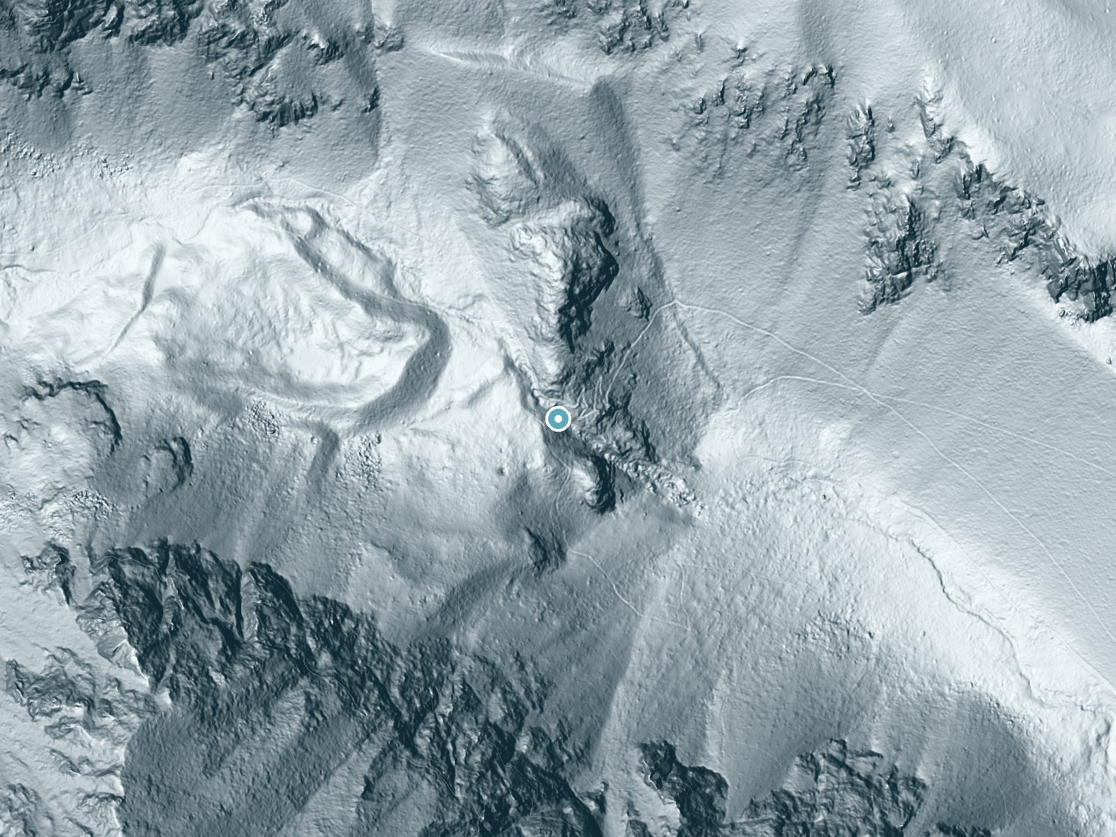 LiDAR bare-earth terrain around Second Falls near Big Pine, California, showing about 235 feet of drop, a steep tiered drop, facing east