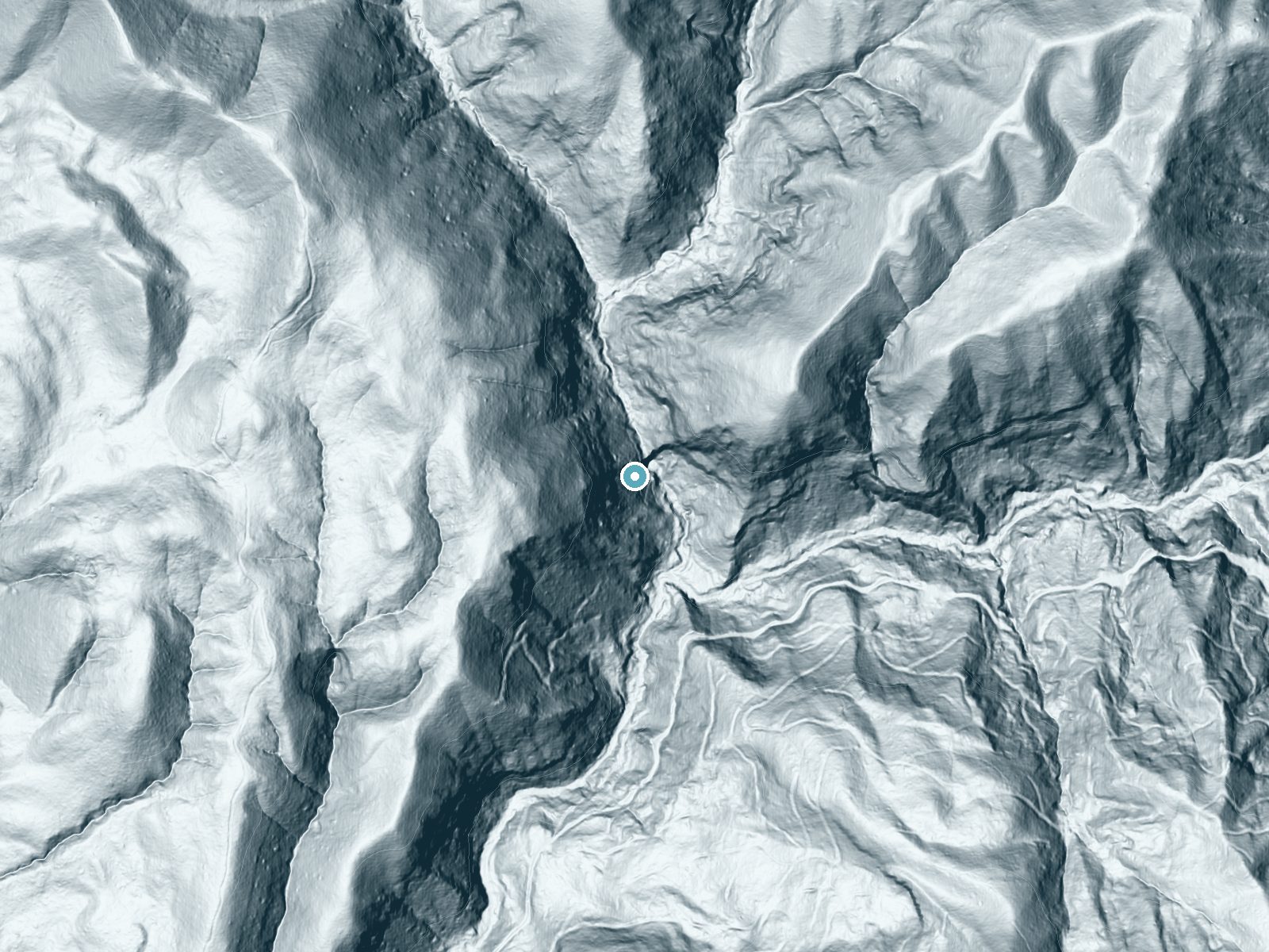 LiDAR bare-earth terrain around Berry Creek Falls near Loma Mar, California, showing about 371 feet of drop, a steep tiered drop, facing east
