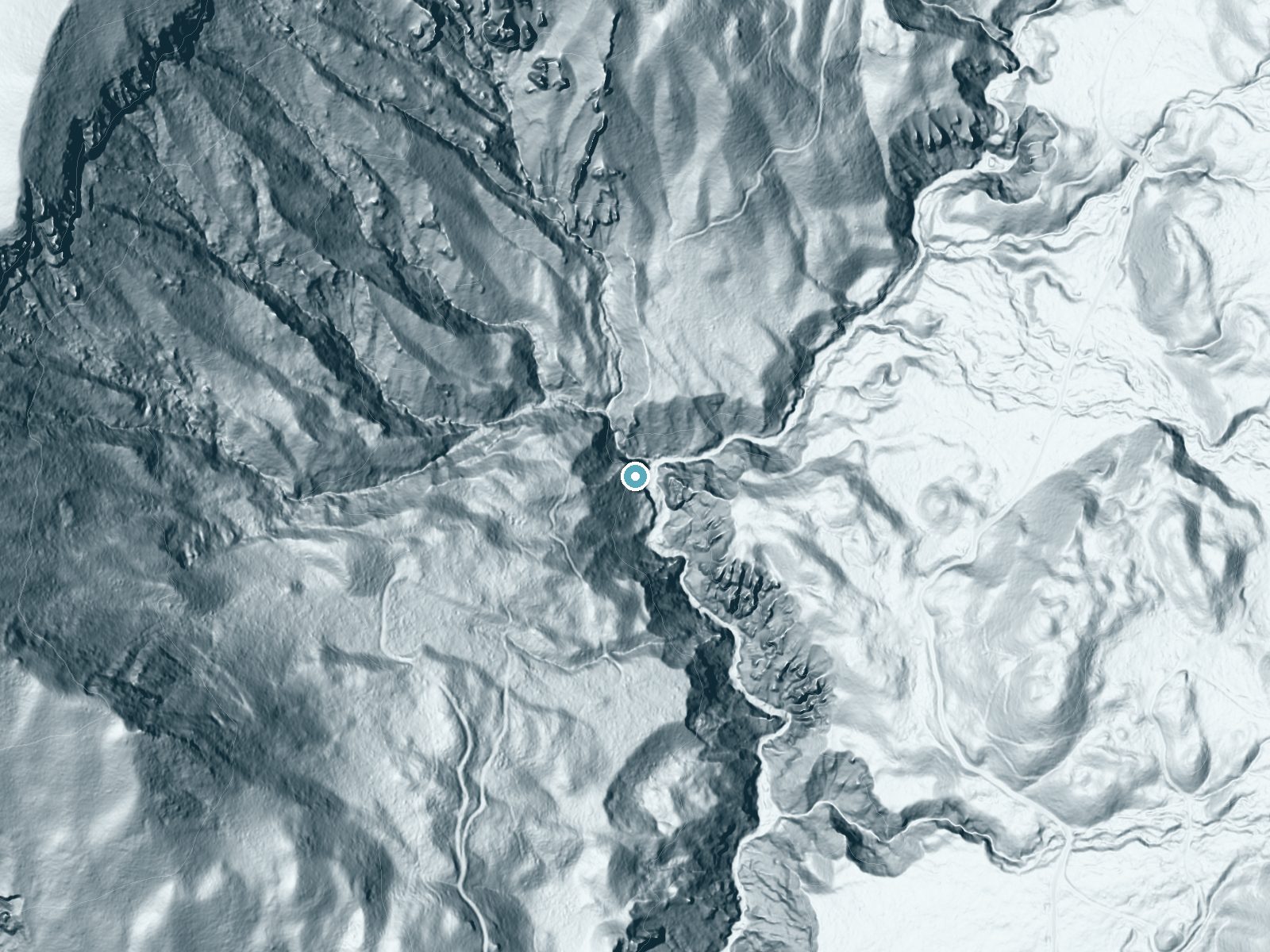 LiDAR bare-earth terrain around Red Falls near Chama, Colorado, showing about 243 feet of drop, a steep tiered drop, facing east