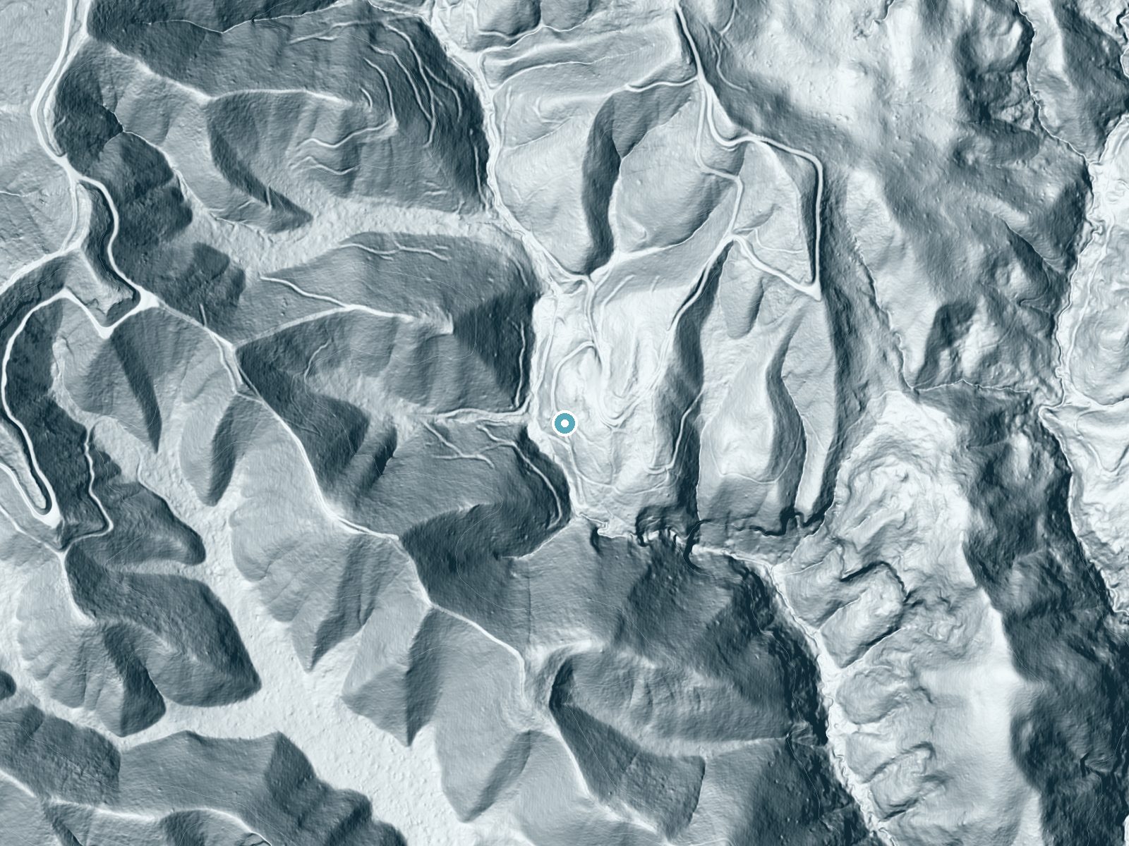 LiDAR bare-earth terrain around Golden Falls near Loma Mar, California, showing about 140 feet of drop, a steep tiered drop, facing west