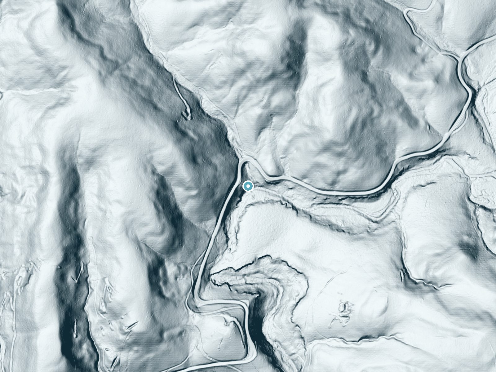 LiDAR bare-earth terrain around Falls of Dismal near Mechanicsburg, Virginia, showing about 130 feet of drop, a steep tiered drop, facing southeast