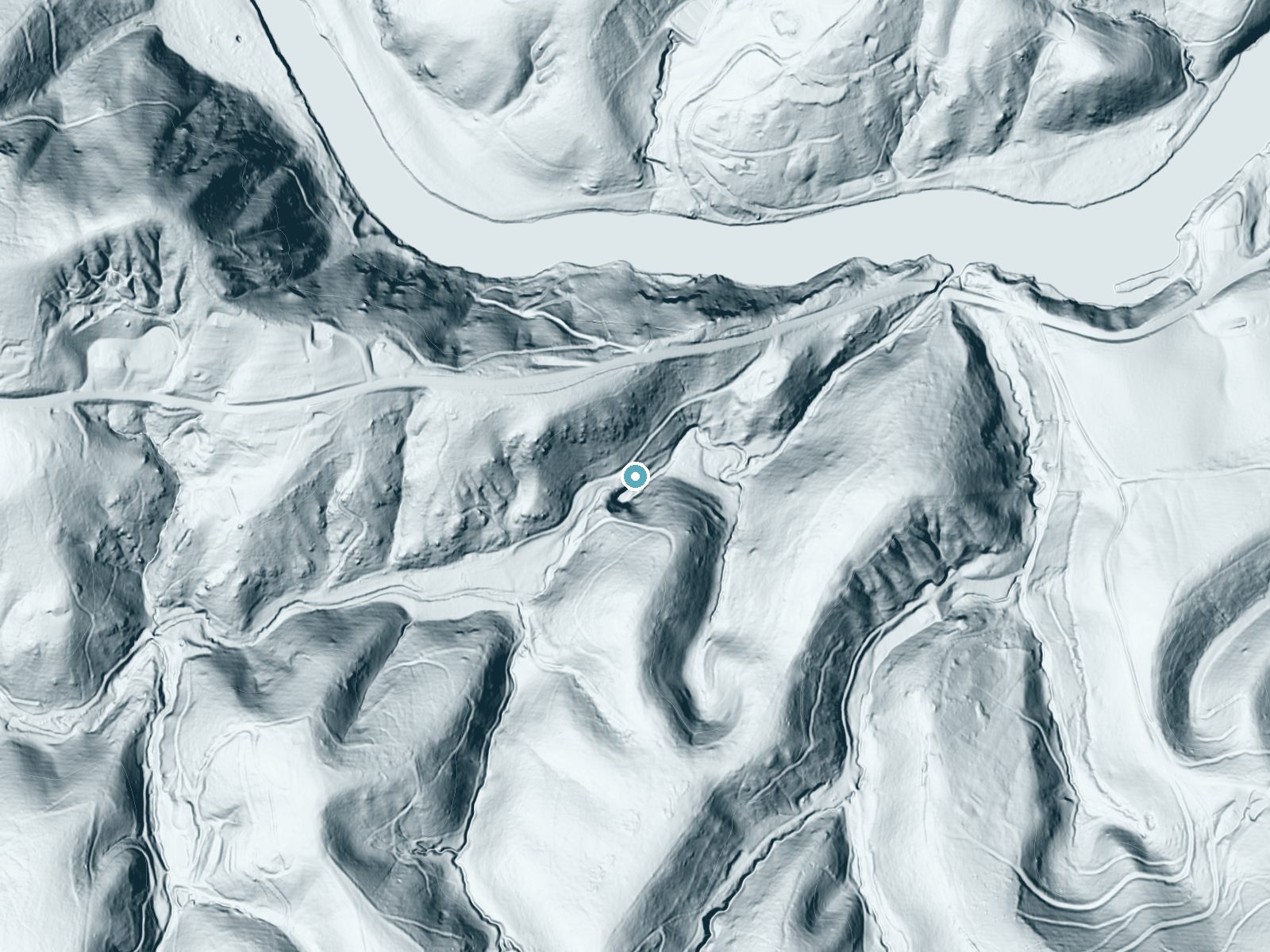 LiDAR bare-earth terrain around Falling Rock Falls near Stewartsville, Virginia, showing about 139 feet of drop, a long cascade, facing east