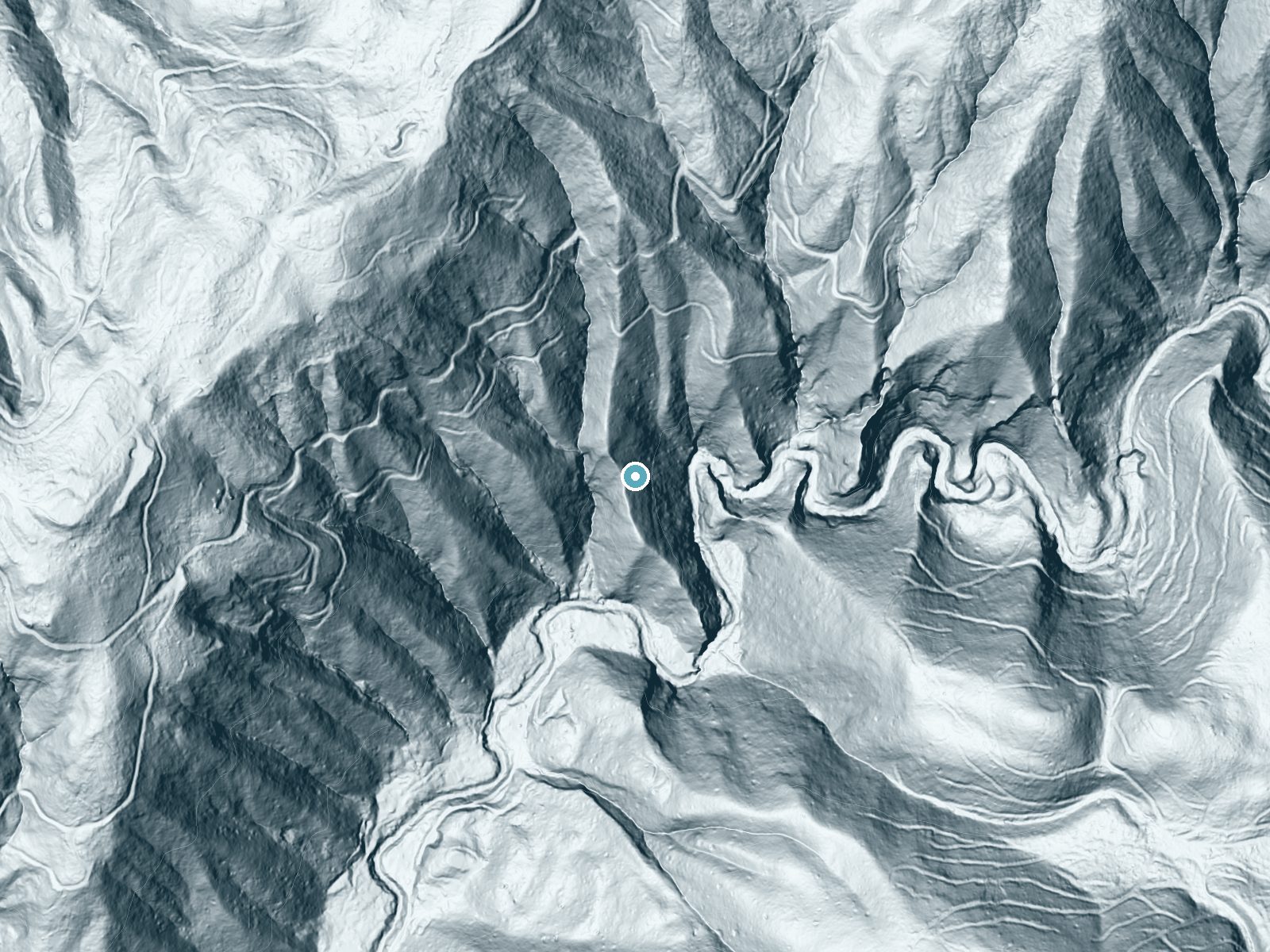 LiDAR bare-earth terrain around Butano Falls near Loma Mar, California, showing about 308 feet of drop, a steep tiered drop, facing southeast