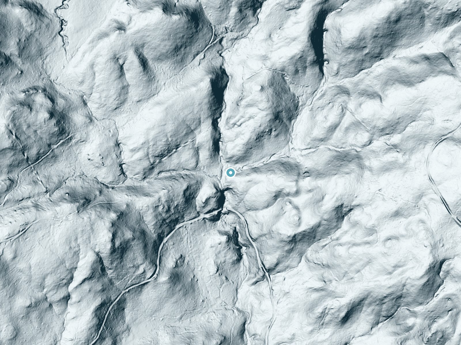 LiDAR bare-earth terrain around Whisky Falls near North Fork, California, showing about 95 feet of drop, a long cascade, facing southwest