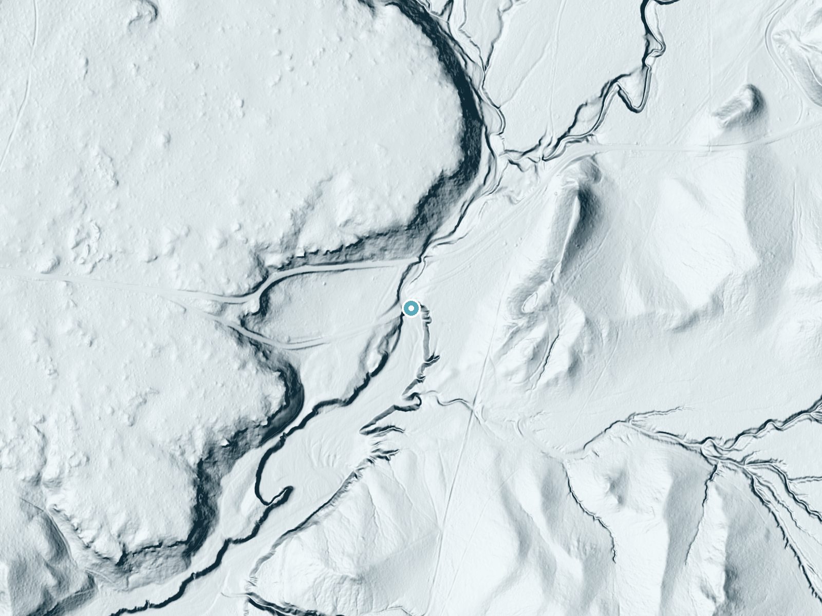 LiDAR bare-earth terrain around The Falls near Glendale, Utah, showing about 33 feet of drop, a long cascade, facing south