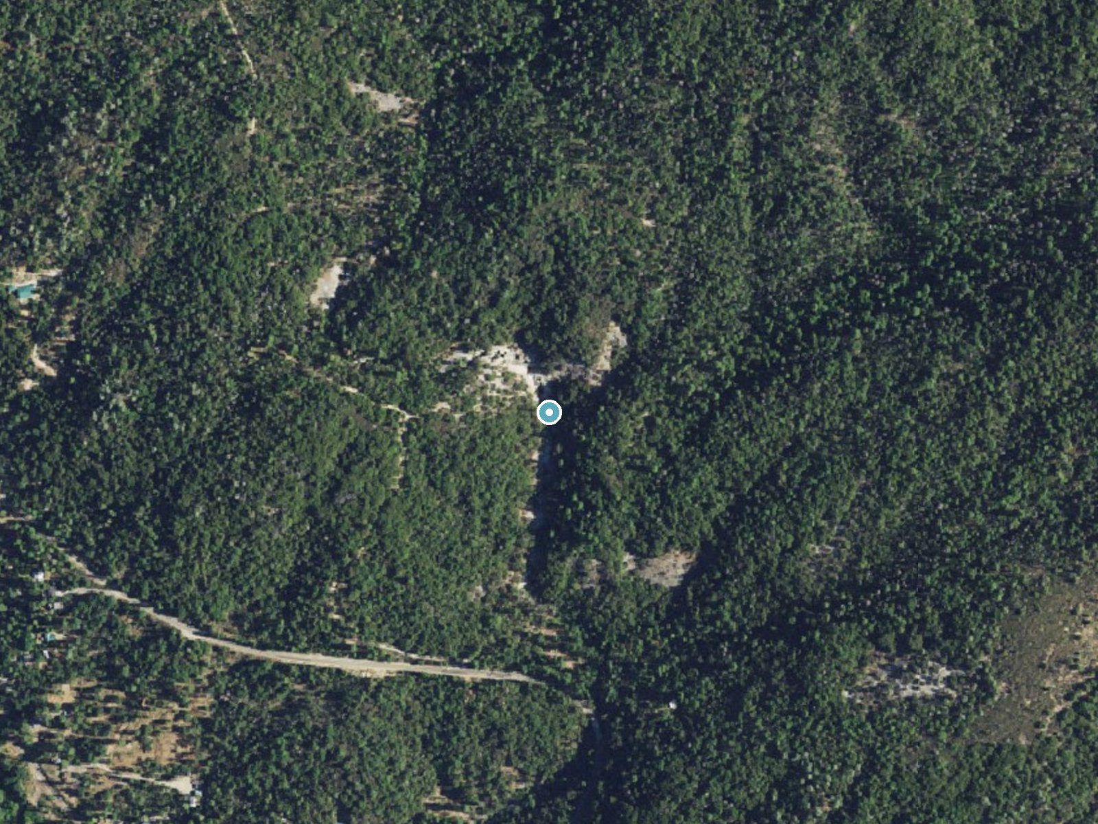 Aerial photo of the same ground around Angel Falls near Bass Lake, California, for comparison with the lidar view