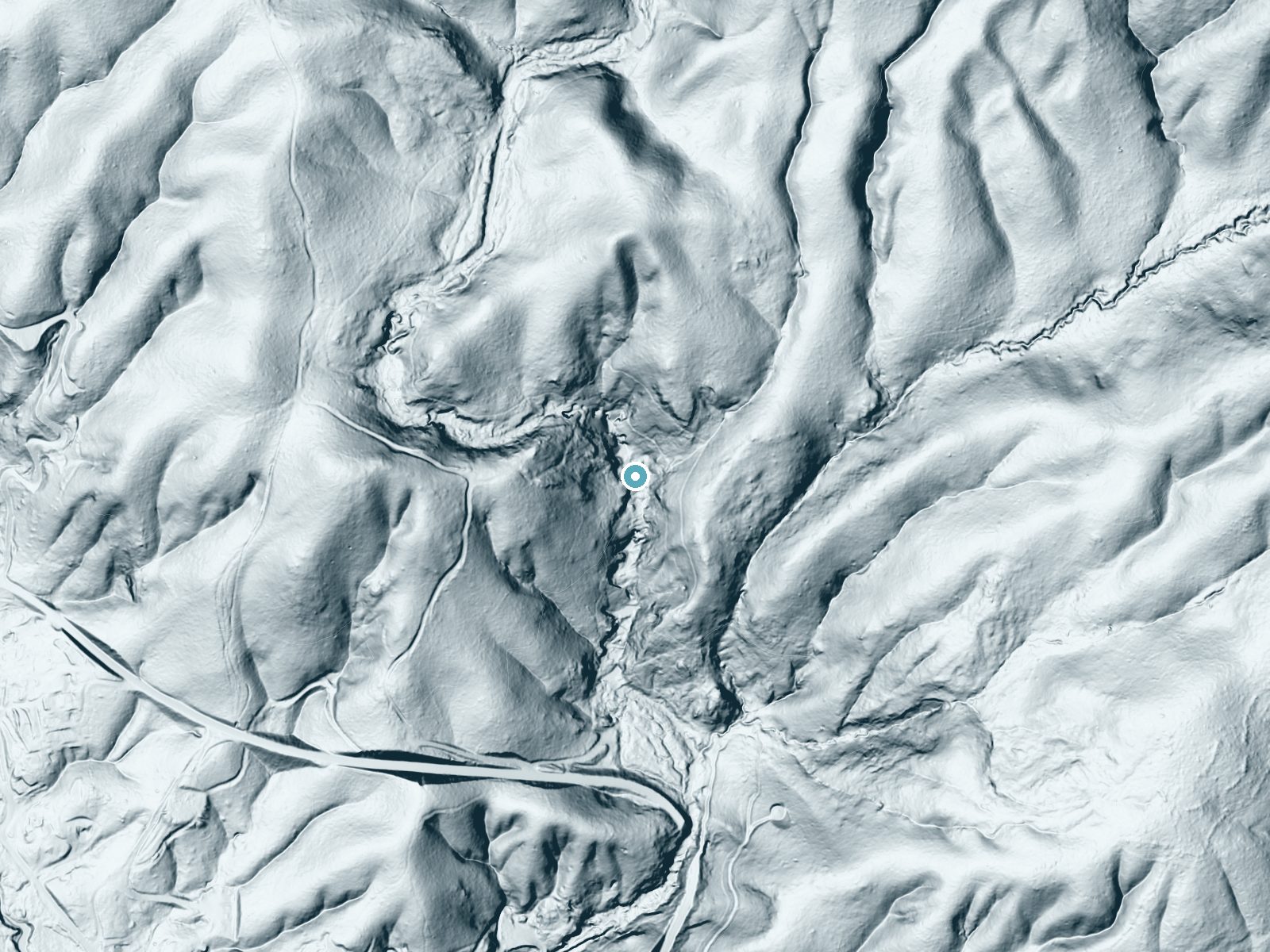 LiDAR bare-earth terrain around Angel Falls near Bass Lake, California, showing about 147 feet of drop, a steep tiered drop, facing southwest