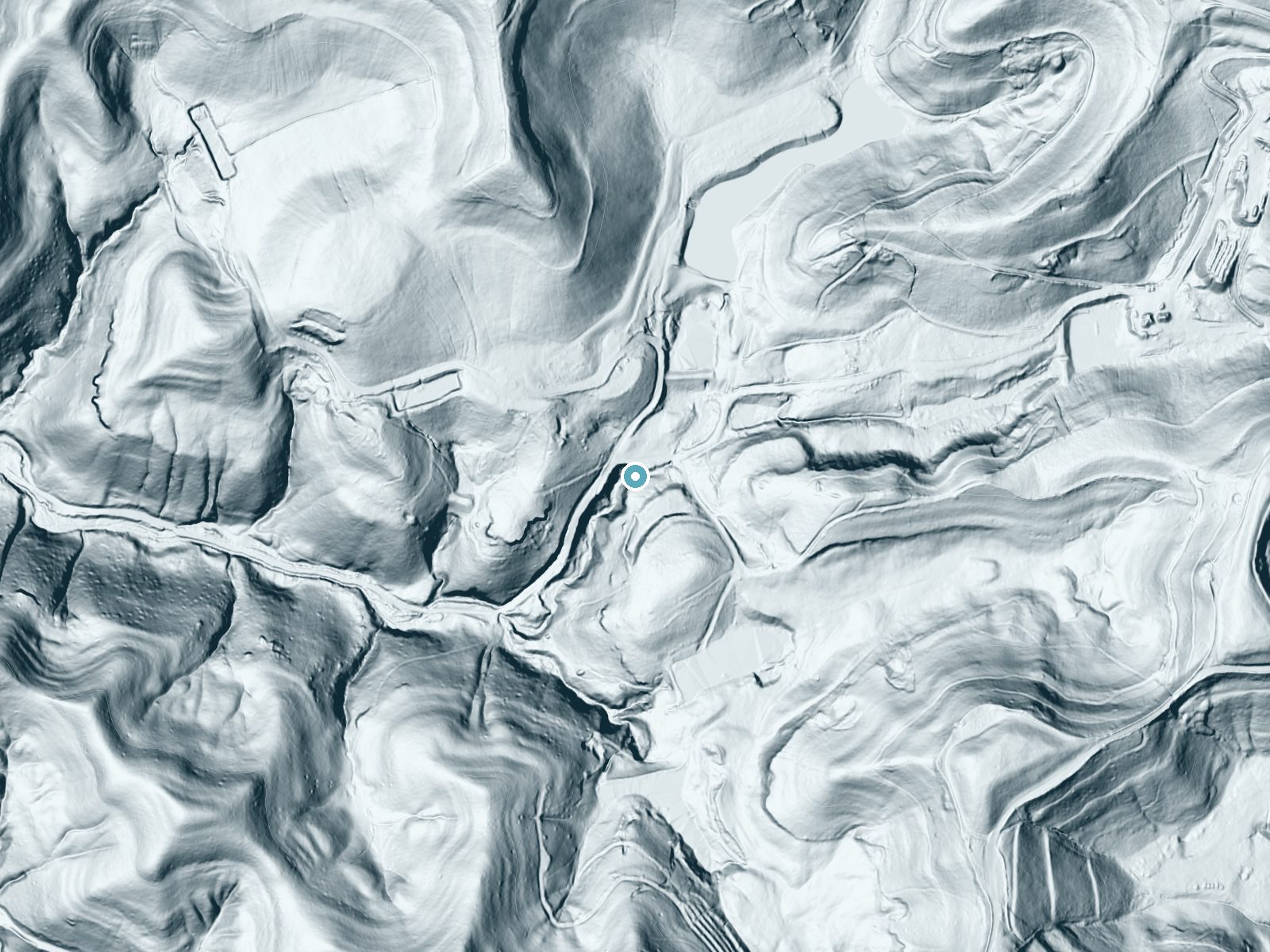 LiDAR bare-earth terrain around Falls of Buffalo near Buckhorn, Kentucky, showing about 111 feet of drop, a steep tiered drop, facing west