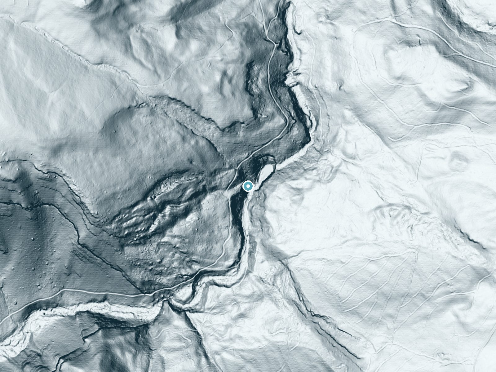 LiDAR bare-earth terrain around Cascades near Pembroke, Virginia, showing about 190 feet of drop, a steep tiered drop, facing southeast