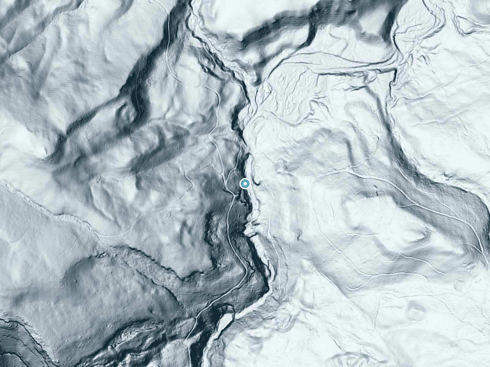 LiDAR bare-earth terrain around Upper Falls near Pembroke, Virginia, showing about 146 feet of drop, a steep tiered drop, facing east