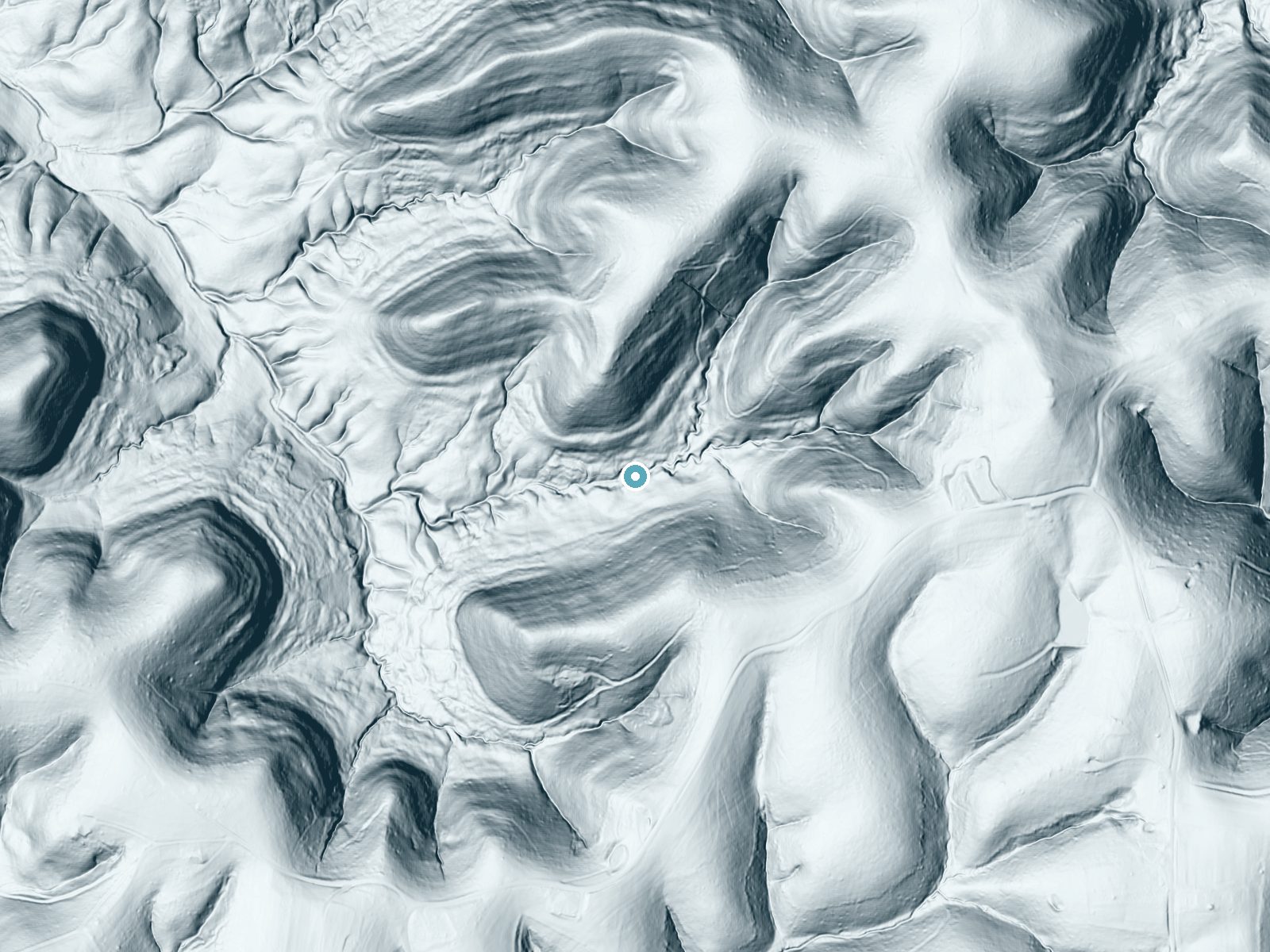 LiDAR bare-earth terrain around Stacy Falls near Bradfordsville, Kentucky, showing about 101 feet of drop, a long cascade, facing southwest