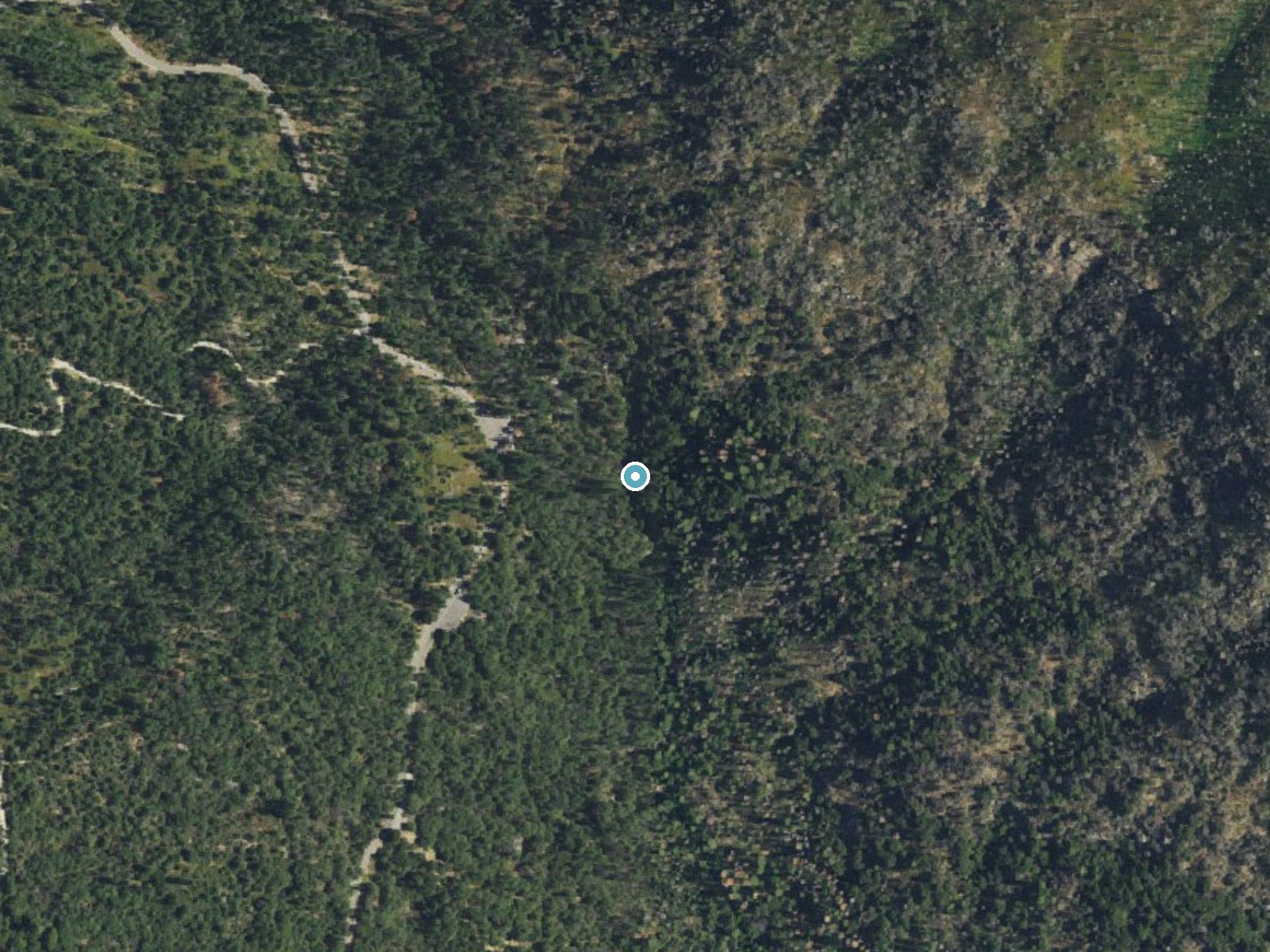 Aerial photo of the same ground around Corlieu Falls near Oakhurst, California, for comparison with the lidar view