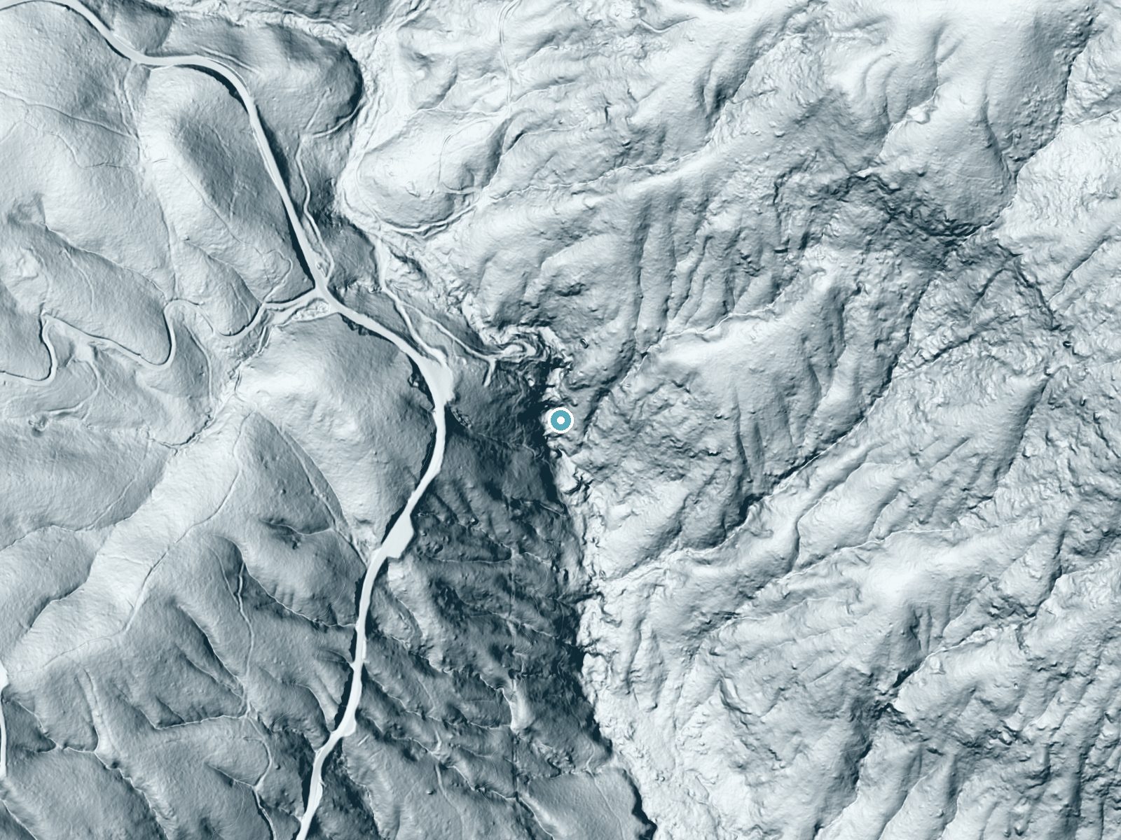 LiDAR bare-earth terrain around Corlieu Falls near Oakhurst, California, showing about 239 feet of drop, a steep tiered drop, facing south