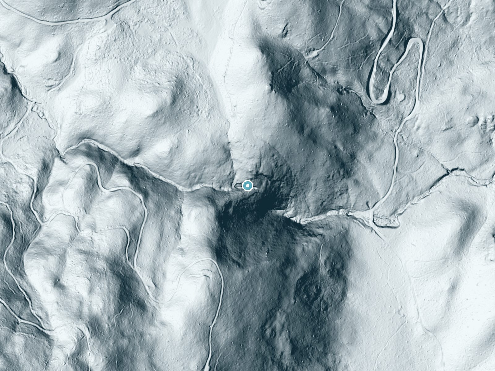 LiDAR bare-earth terrain around Camino Falls near Bass Lake, California, showing about 202 feet of drop, a steep tiered drop, facing southeast