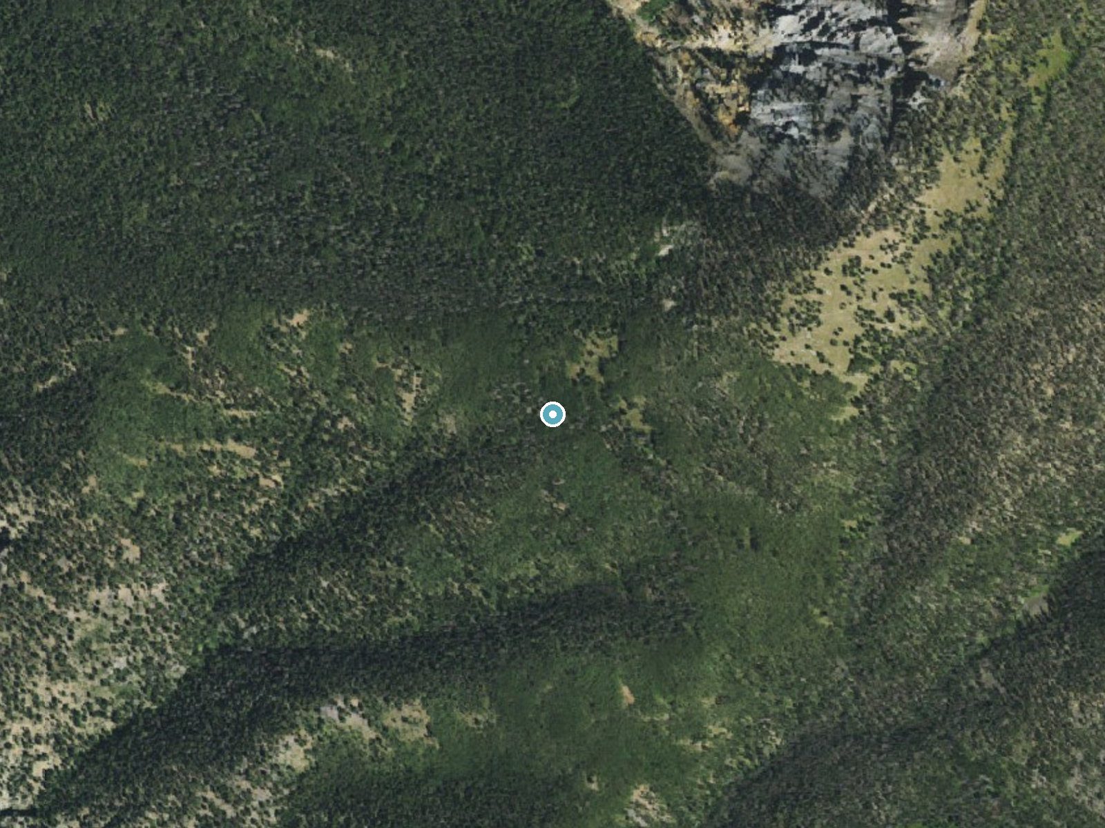 Aerial photo of the same ground around Silver Falls near Del Norte, Colorado, for comparison with the lidar view