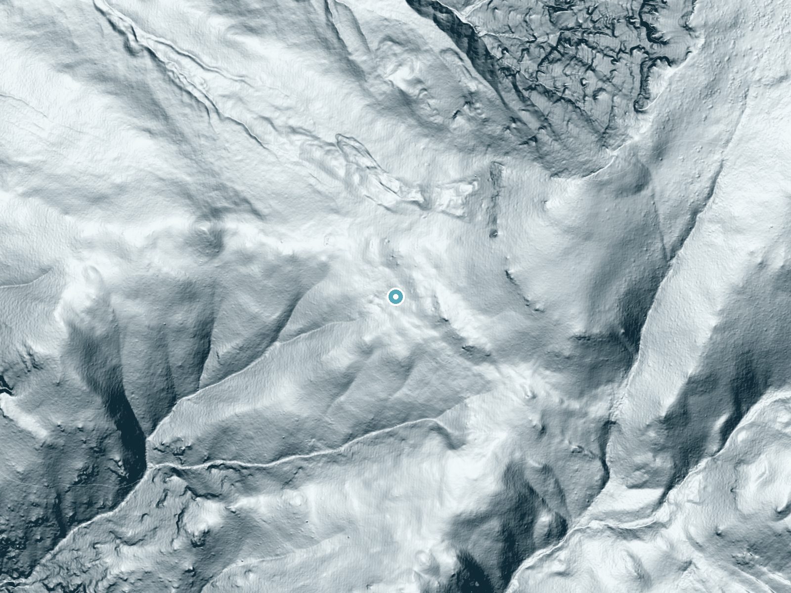 LiDAR bare-earth terrain around Silver Falls near Del Norte, Colorado, showing about 204 feet of drop, a steep tiered drop, facing west