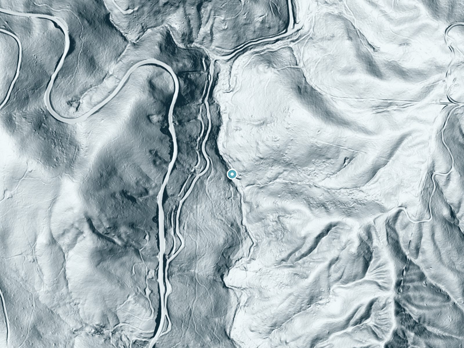 LiDAR bare-earth terrain around Red Rock Falls near Oakhurst, California, showing about 112 feet of drop, a long cascade, facing south