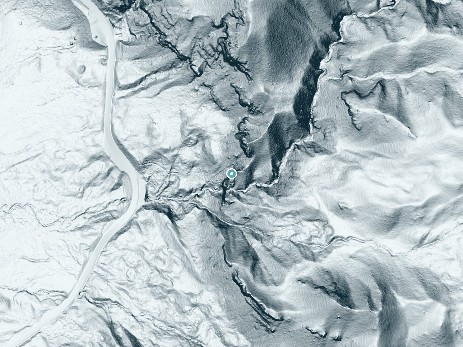 LiDAR bare-earth terrain around Treasure Falls near Piedra, Colorado, showing about 349 feet of drop, a single sheer drop, facing west