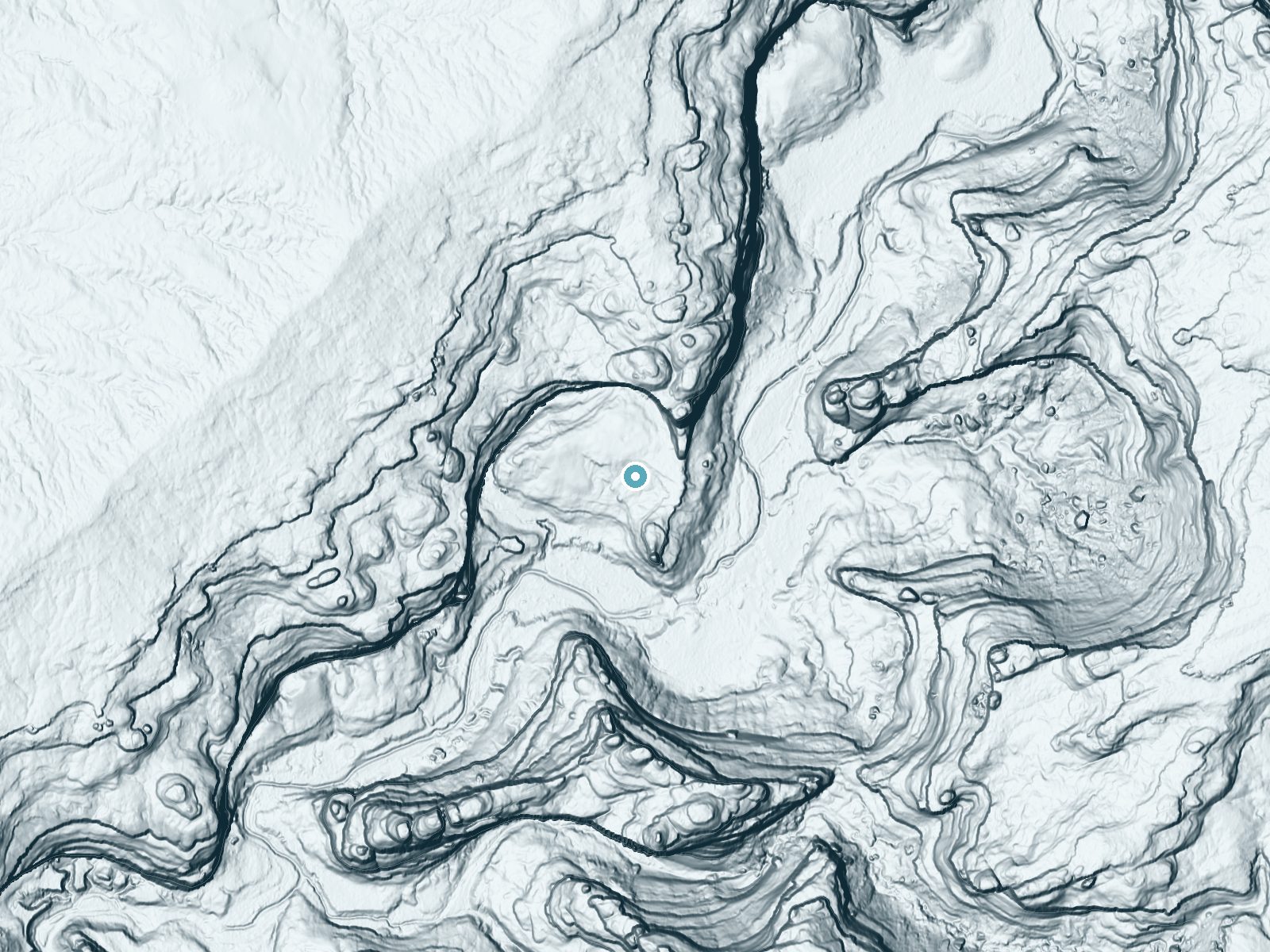 LiDAR bare-earth terrain around The Thumb Pour Off near Mexican Hat, Utah, showing about 164 feet of drop, a steep tiered drop, facing southwest