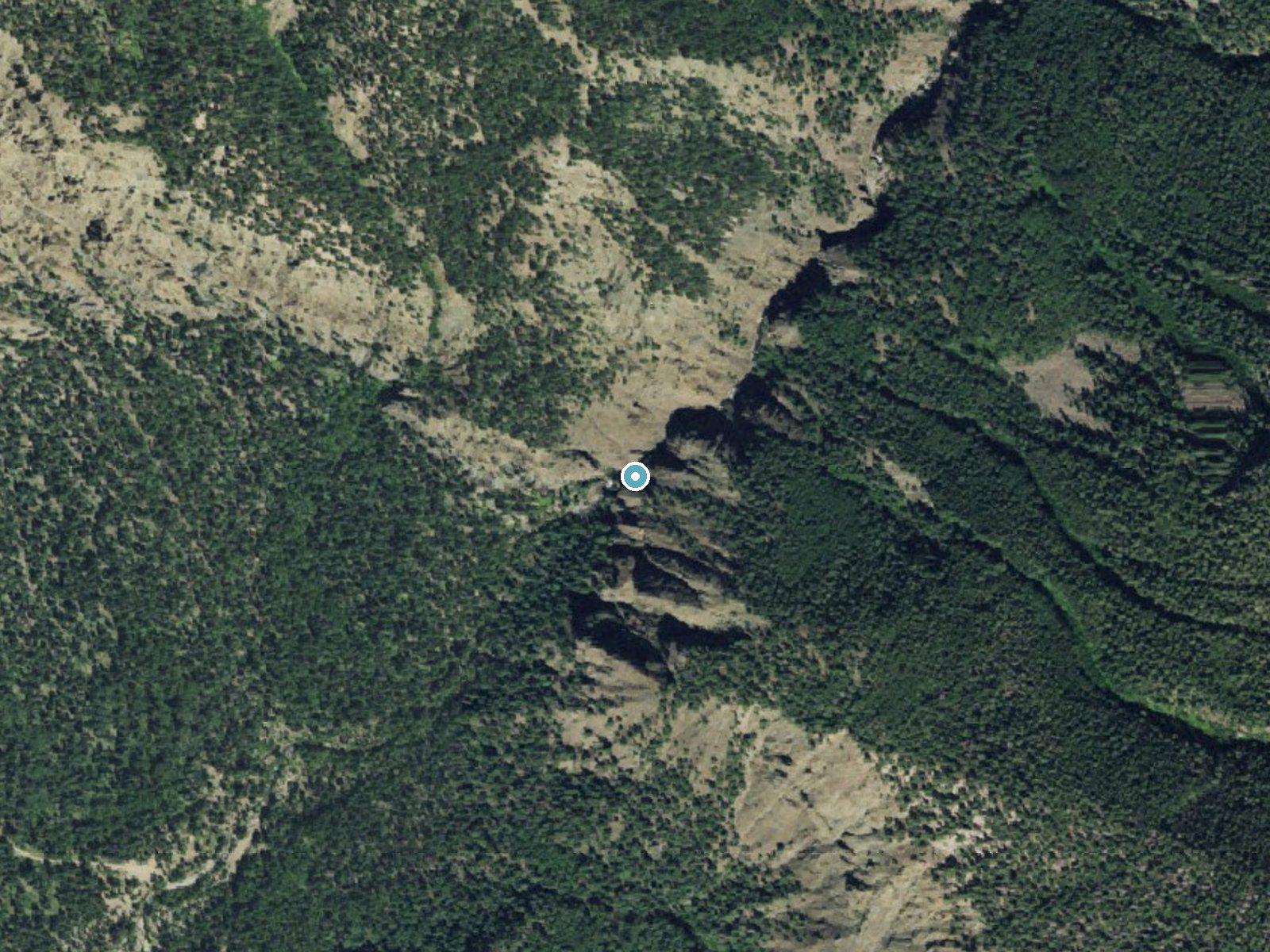 Aerial photo of the same ground around Piedra Falls near Piedra, Colorado, for comparison with the lidar view