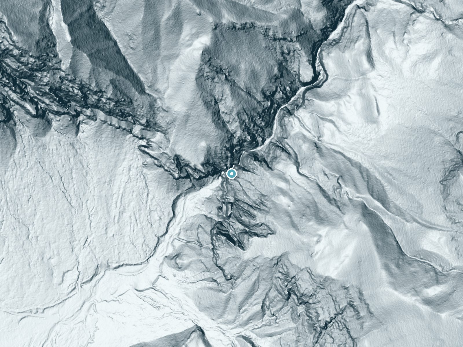 LiDAR bare-earth terrain around Piedra Falls near Piedra, Colorado, showing about 354 feet of drop, a single sheer drop, facing west