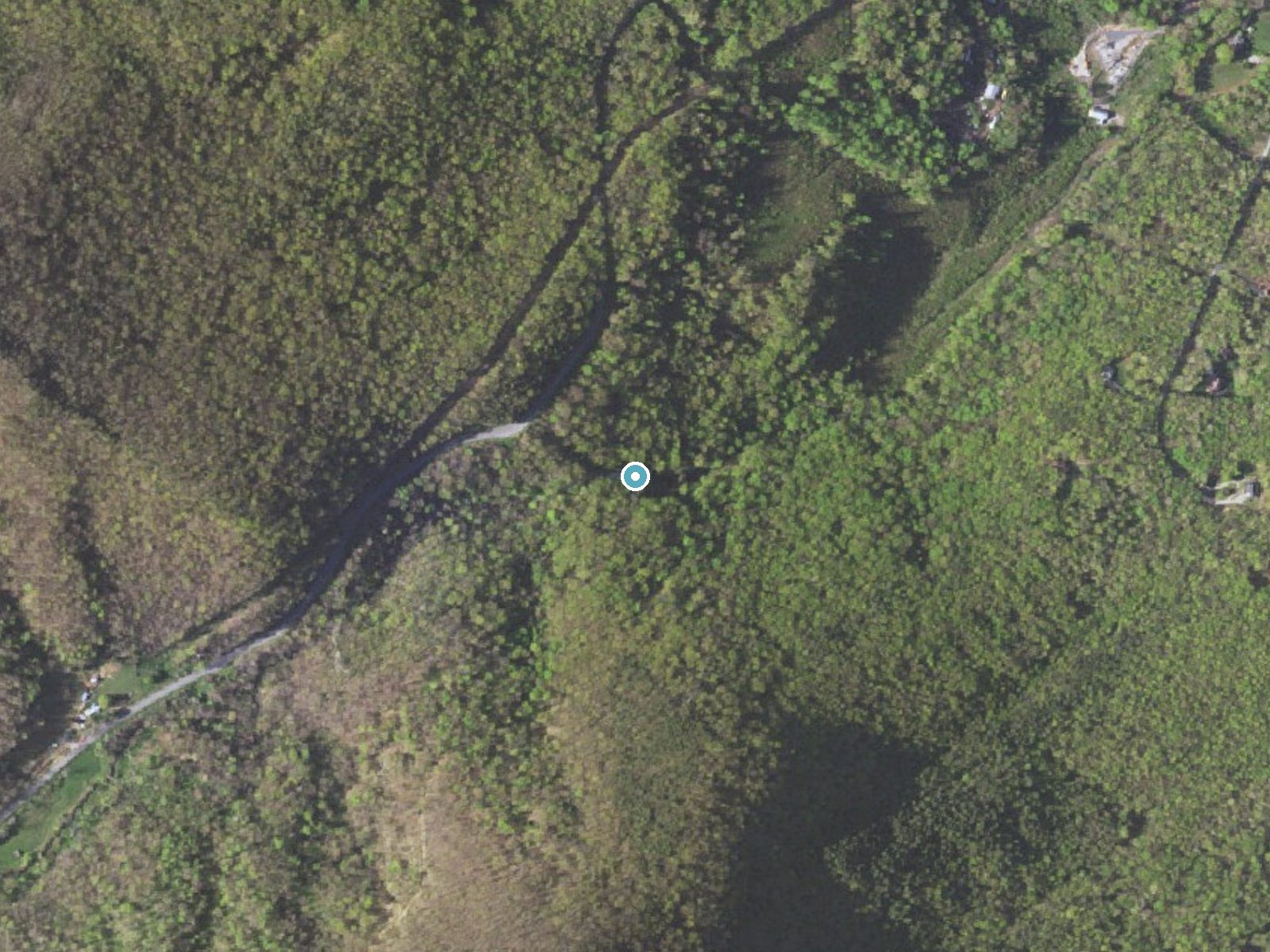 Aerial photo of the same ground around Meadow Creek Falls near New Castle, Virginia, for comparison with the lidar view