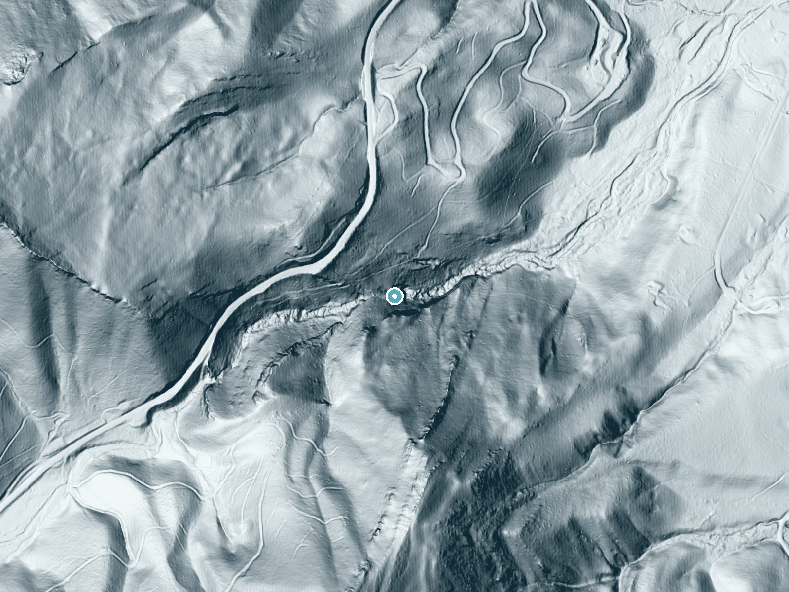 LiDAR bare-earth terrain around Meadow Creek Falls near New Castle, Virginia, showing about 291 feet of drop, a steep tiered drop, facing east