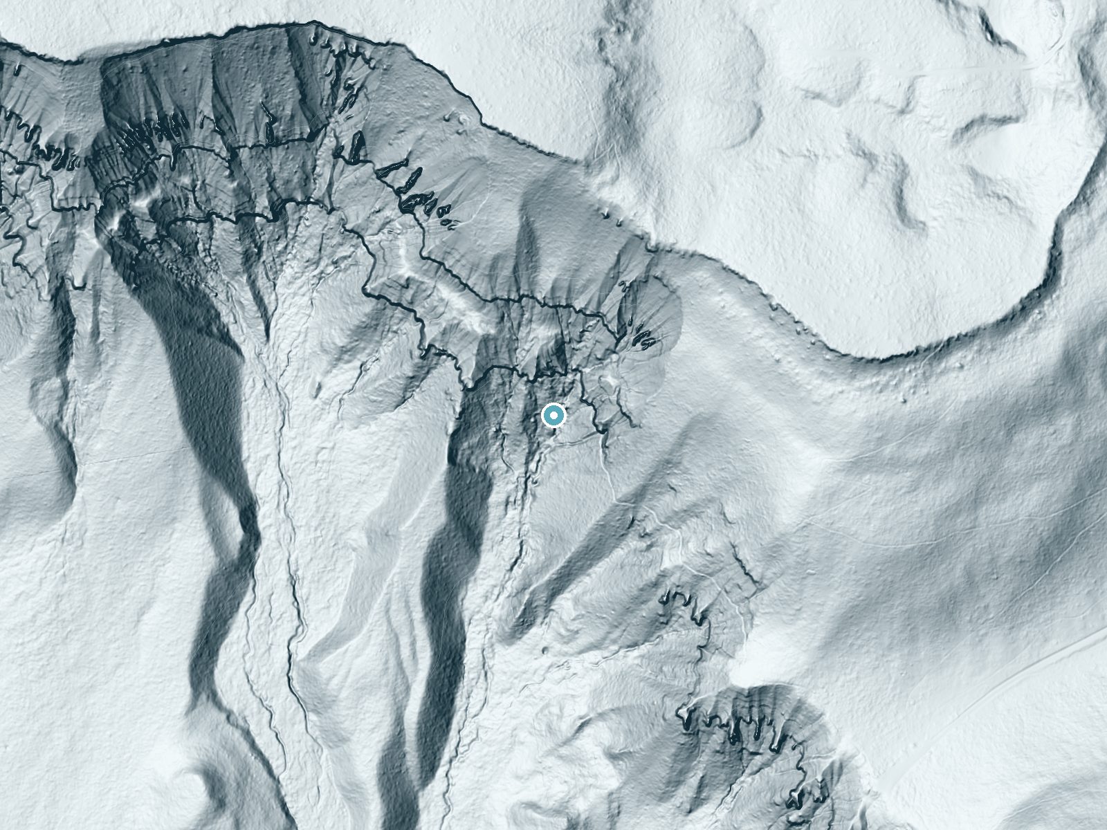 LiDAR bare-earth terrain around Cascade Falls near Brian Head, Utah, showing about 284 feet of drop, a steep tiered drop, facing southwest