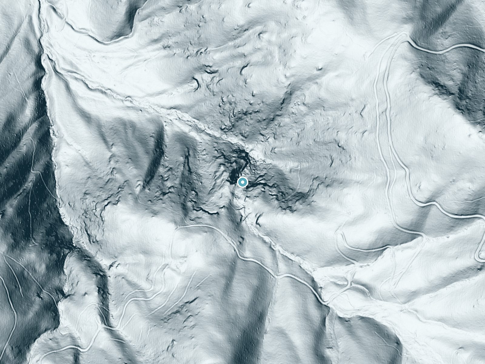 LiDAR bare-earth terrain around Apple Orchard Falls near Buchanan, Virginia, showing about 295 feet of drop, a steep tiered drop, facing north