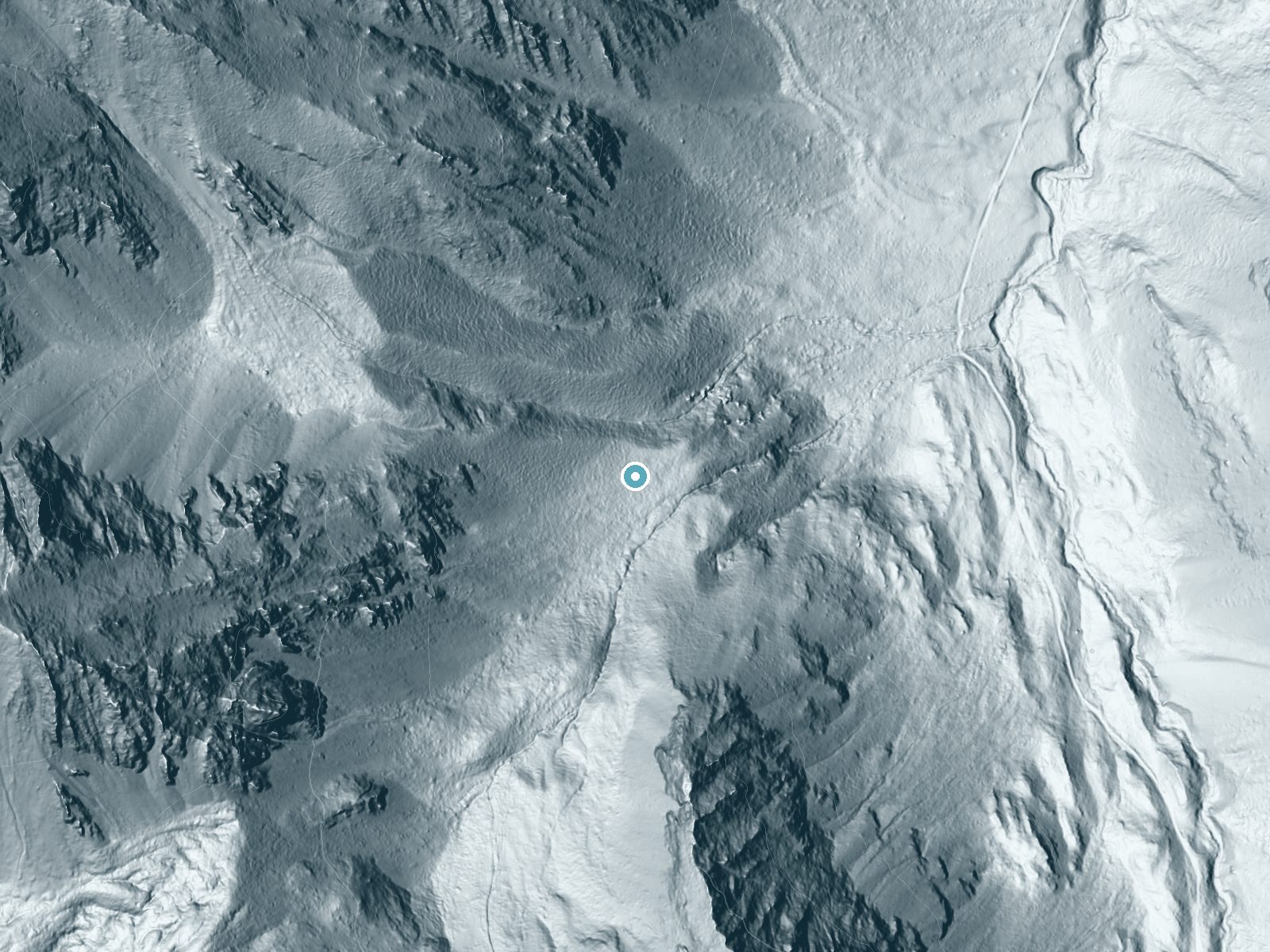 LiDAR bare-earth terrain around Horsetail Falls near Crowley Lake, California, showing about 195 feet of drop, a long cascade, facing northeast