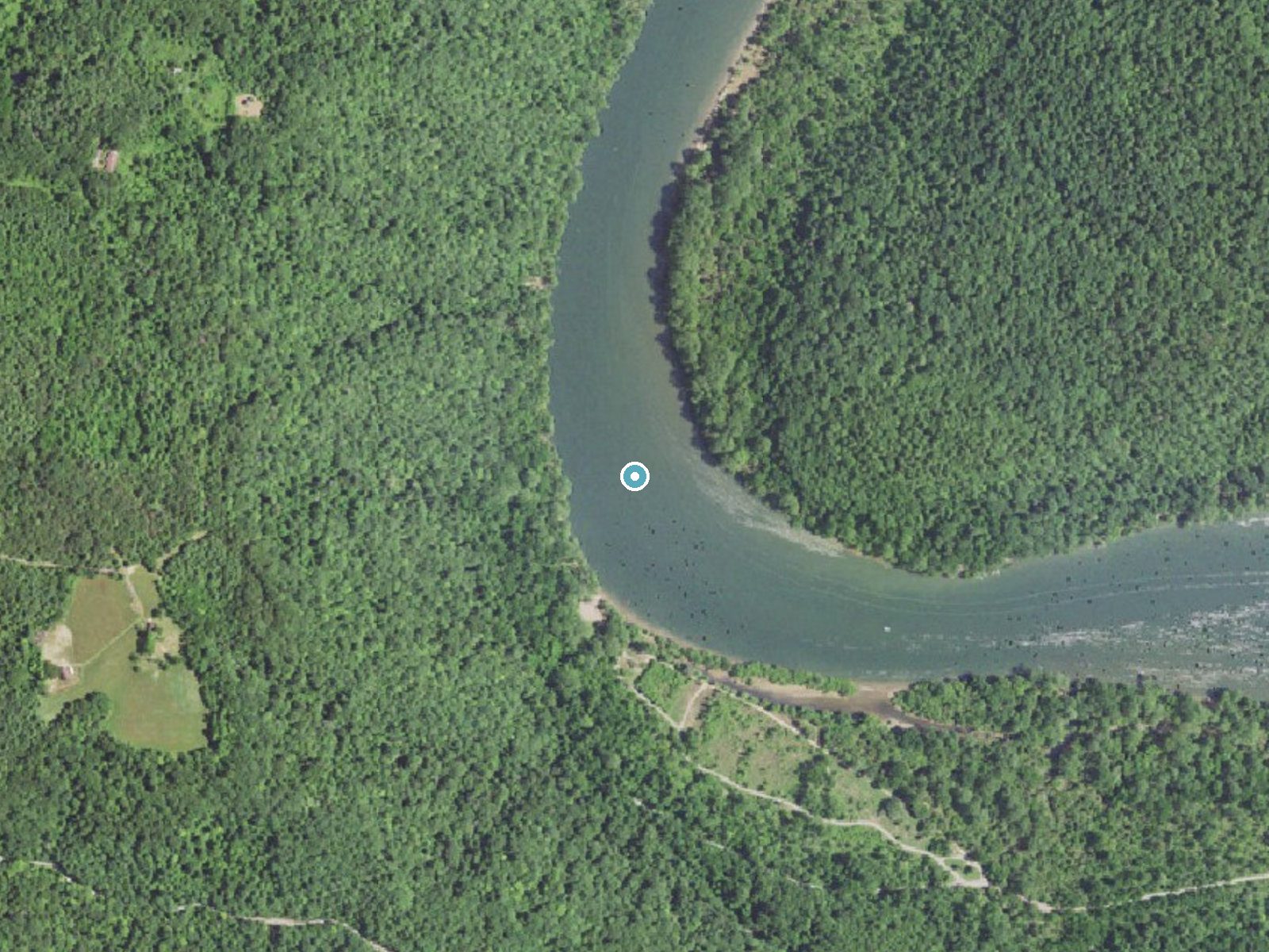 Aerial photo of the same ground around Bull Falls near Hinton, West Virginia, for comparison with the lidar view