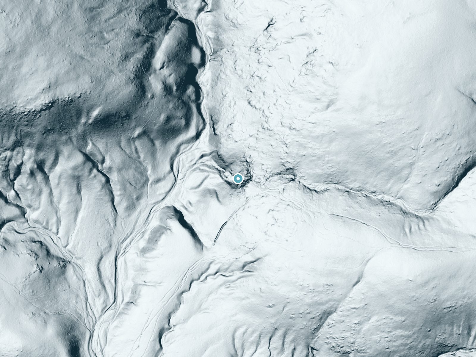 LiDAR bare-earth terrain around Mina Sauk Falls near Arcadia, Missouri, showing about 167 feet of drop, a steep tiered drop, facing west