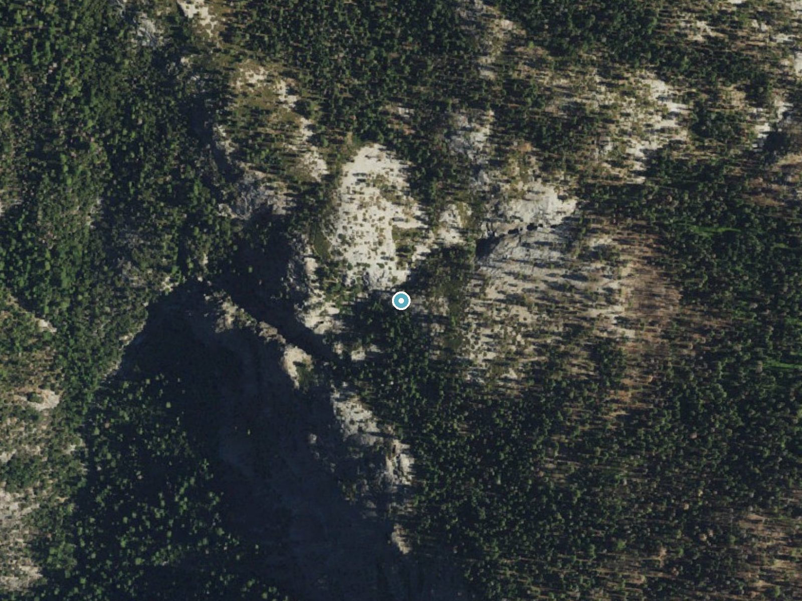 Aerial photo of the same ground around Chilnualna Fall near Wawona, California, for comparison with the lidar view