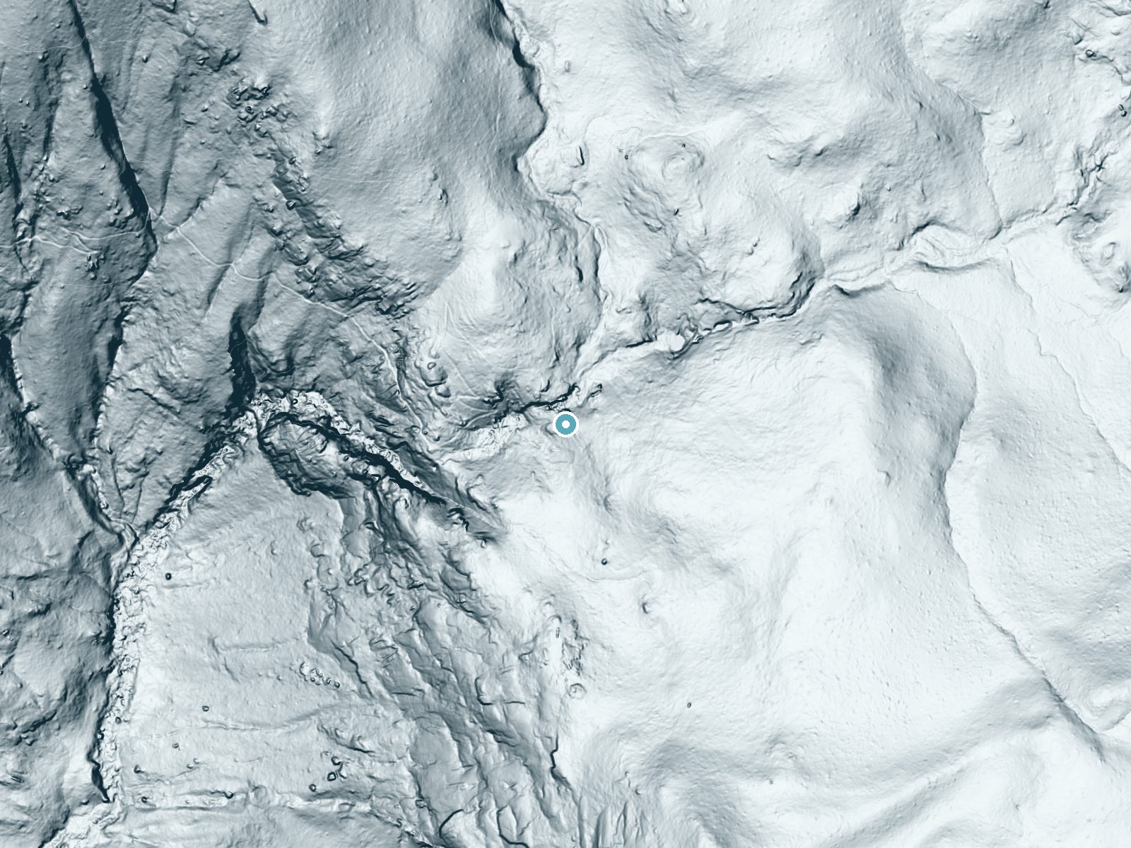LiDAR bare-earth terrain around Chilnualna Fall near Wawona, California, showing about 235 feet of drop, a steep tiered drop, facing west