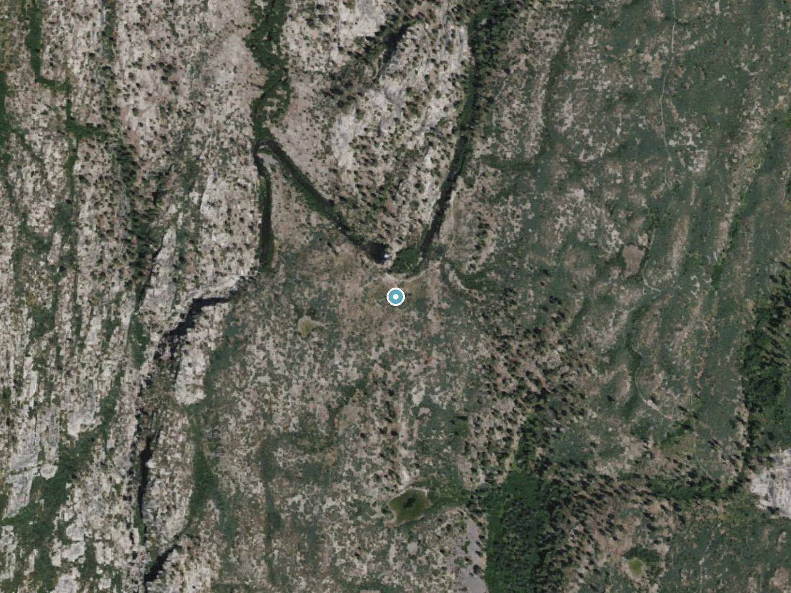 Aerial photo of the same ground around Lower Rainbow Falls near Mammoth Lakes, California, for comparison with the lidar view