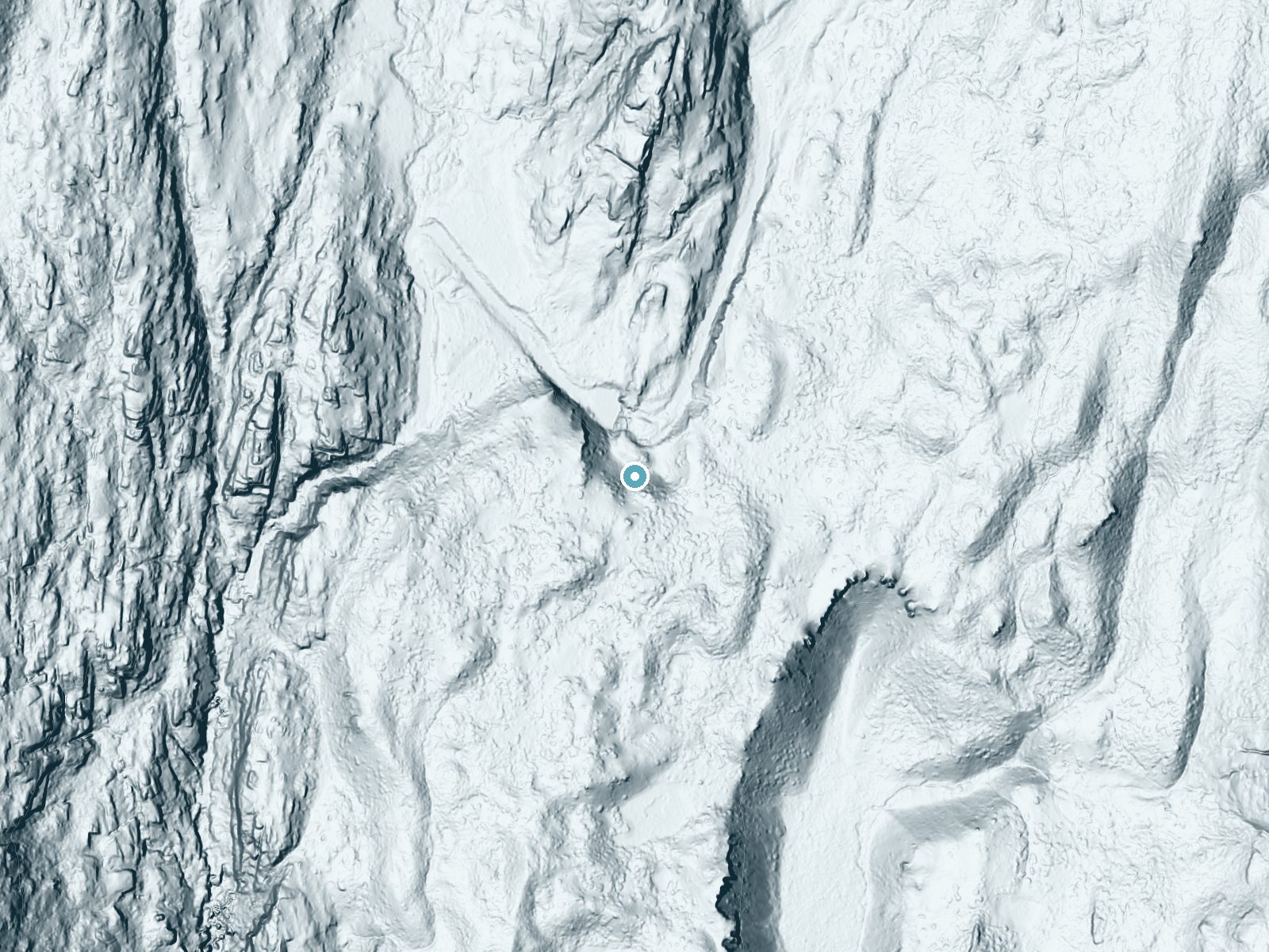 LiDAR bare-earth terrain around Lower Rainbow Falls near Mammoth Lakes, California, showing about 117 feet of drop, a long cascade, facing north