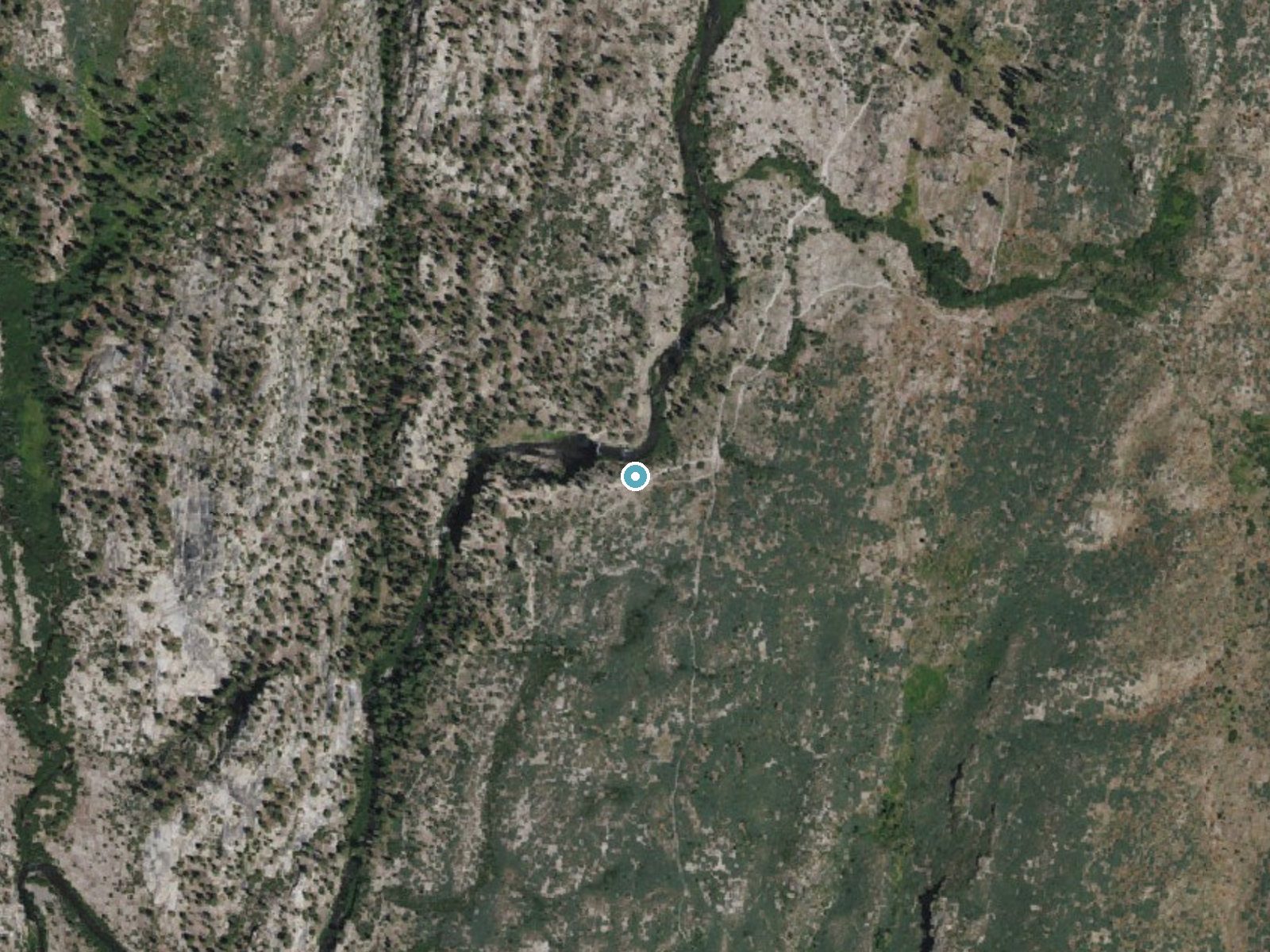 Aerial photo of the same ground around Rainbow Falls near Mammoth Lakes, California, for comparison with the lidar view