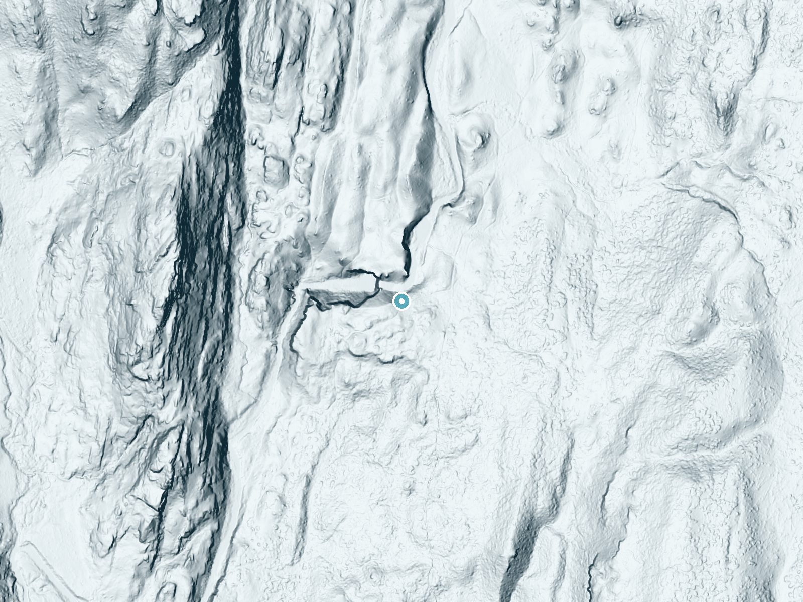 LiDAR bare-earth terrain around Rainbow Falls near Mammoth Lakes, California, showing about 172 feet of drop, a steep tiered drop, facing northwest