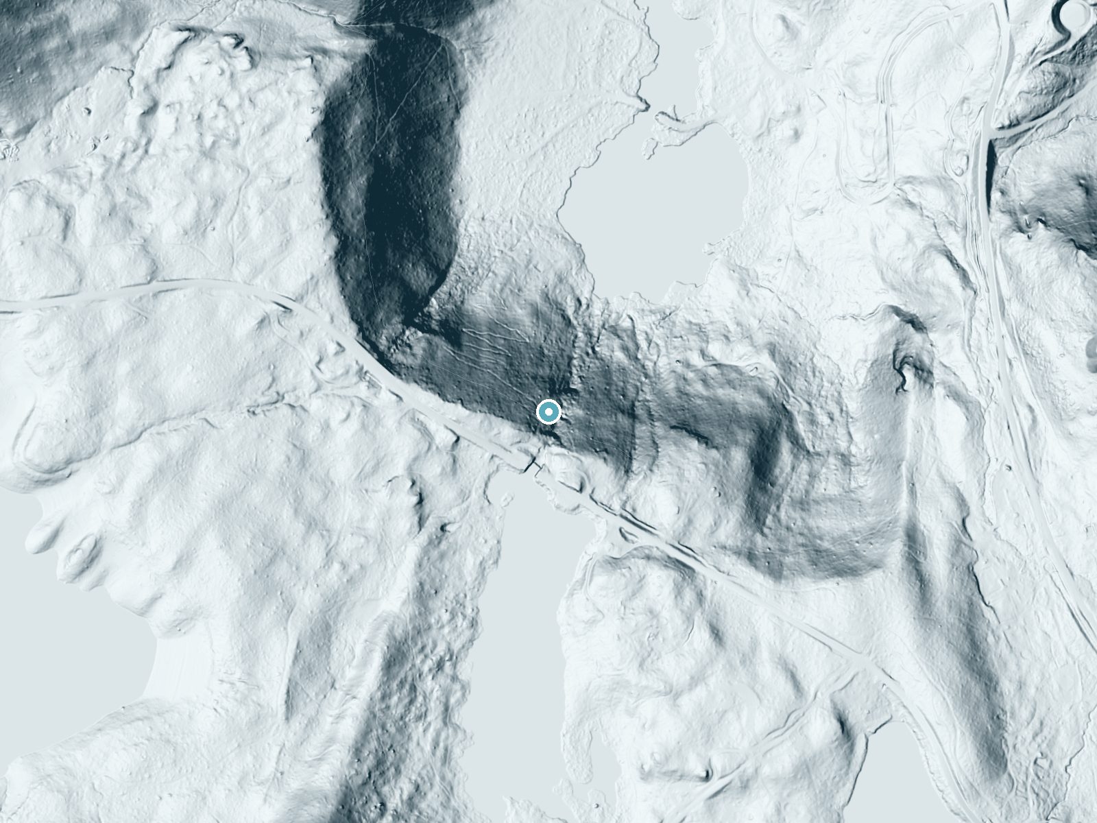 LiDAR bare-earth terrain around Twin Falls near Mammoth Lakes, California, showing about 225 feet of drop, a steep tiered drop, facing northeast