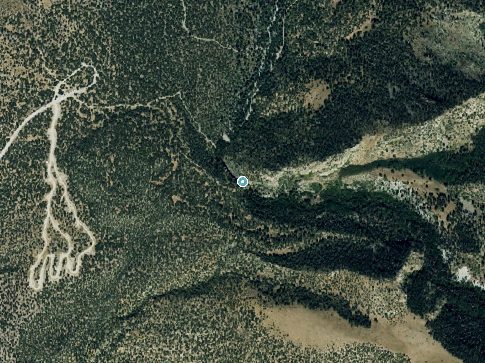 Aerial photo of the same ground around Zapata Falls near Blanca, Colorado, for comparison with the lidar view