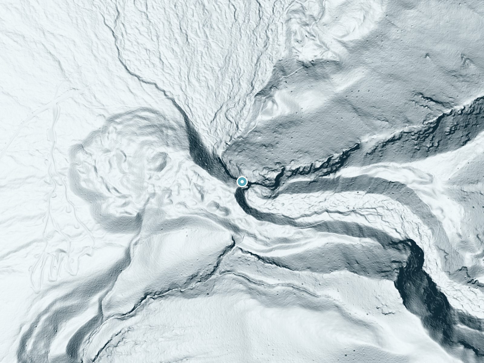 LiDAR bare-earth terrain around Zapata Falls near Blanca, Colorado, showing about 285 feet of drop, a single sheer drop, facing west