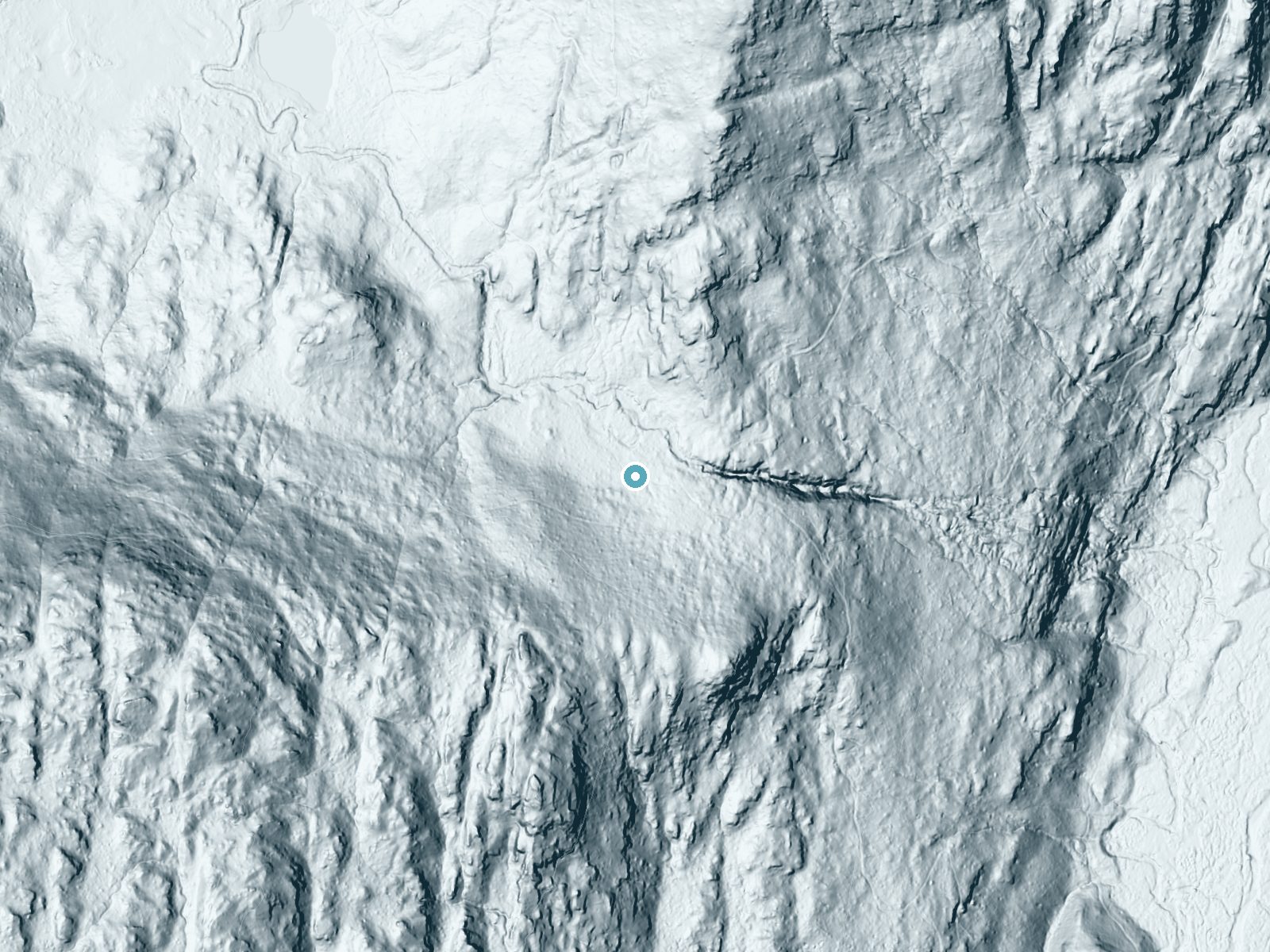 LiDAR bare-earth terrain around Minaret Falls near Mammoth Lakes, California, showing about 50 feet of drop, a long cascade, facing north