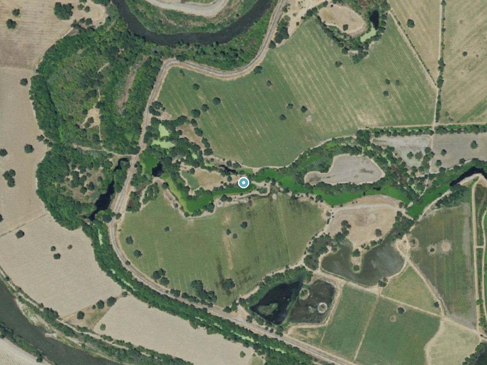 Aerial photo of the same ground around Finnegan Falls near Westley, California, for comparison with the lidar view