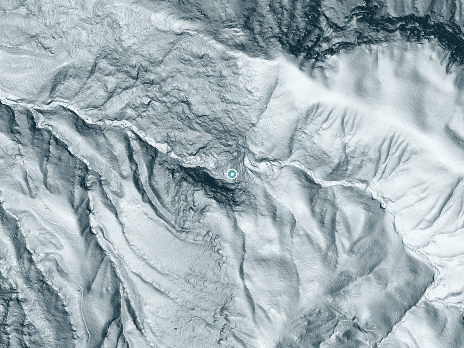 LiDAR bare-earth terrain around Chinquapin Falls near Foresta, California, showing about 475 feet of drop, a steep tiered drop, facing northwest